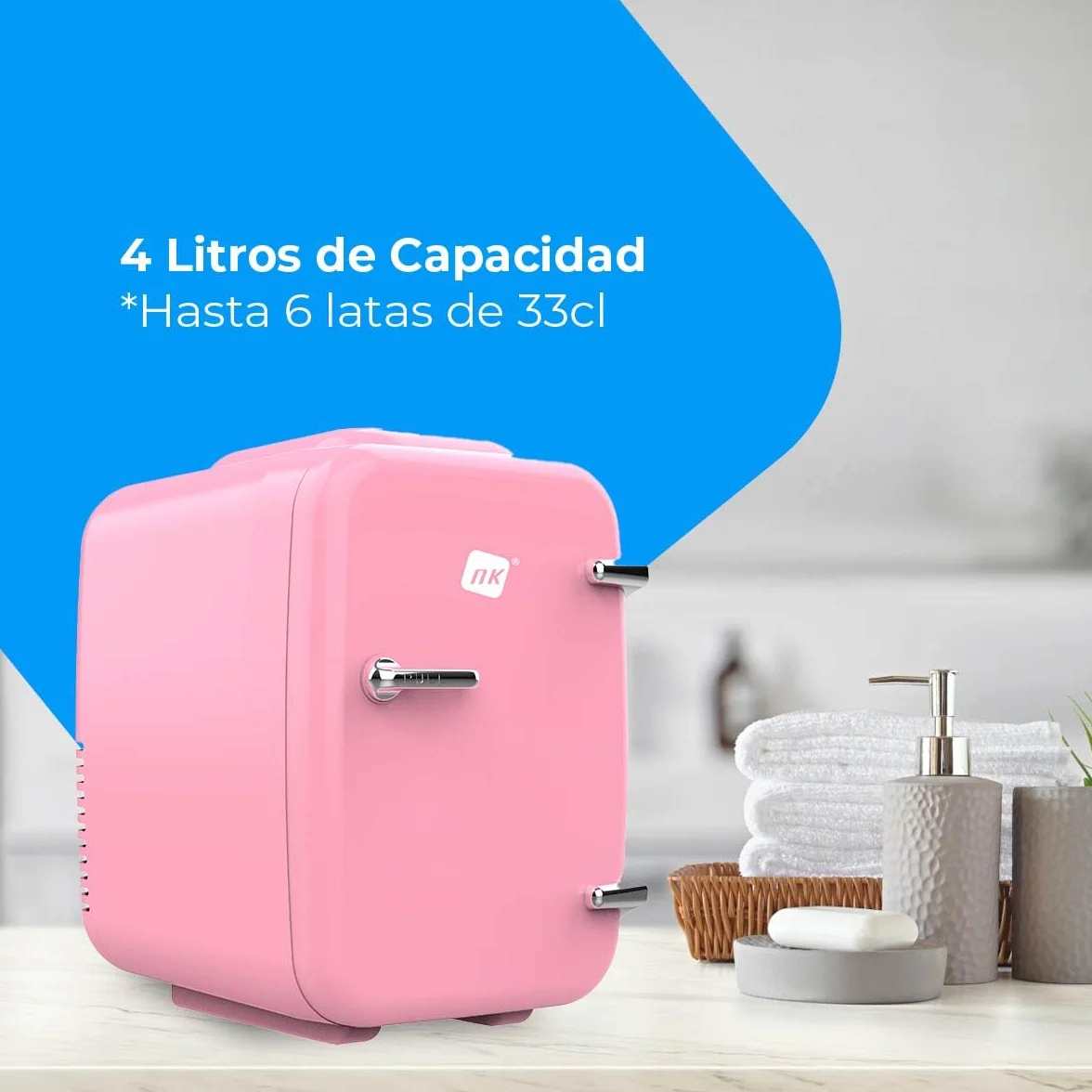 NK Mini Nevera Portátil, 4 Litros de Capacidad, Funcionamiento 12V-220V, Función Enfriamiento y Calentamiento, Para Cosméticos y Refrescos, Rosa