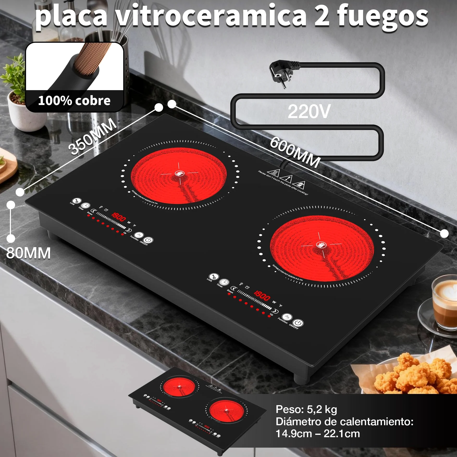 VBGK placa vitroceramica,220V 3600W placa de vitroceramica con Control táctil LED,9 niveles de potencia,Bloqueo para niños & Temporizador de 4 horas,Protección contra sobrecalentamiento de la estufa,