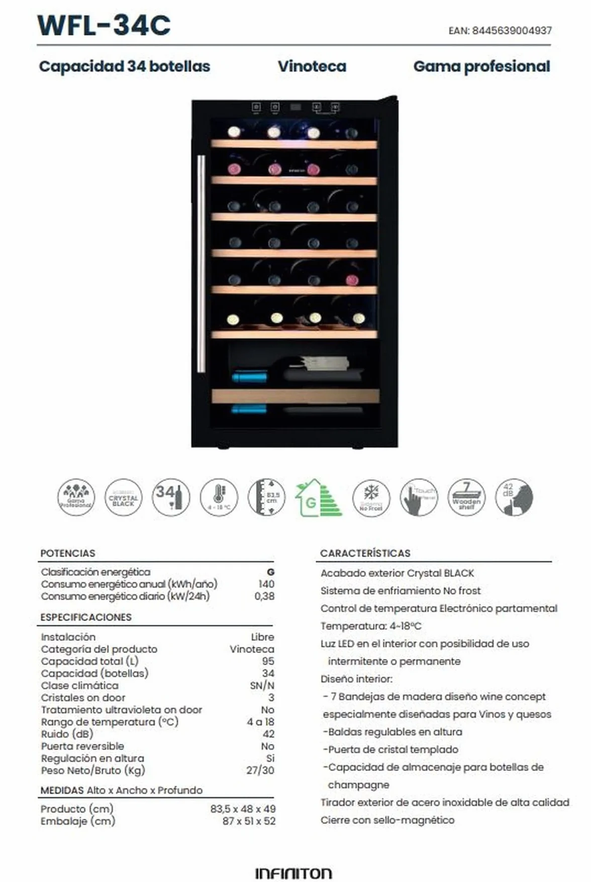 INFINITON Vinoteca WFL-34C, 34 Botellas, Luz LED en el interior, Sistema de enfriamiento No frost, Acabado exterior Crystal BLACK, Tirador exterior de acero inoxidable, G
