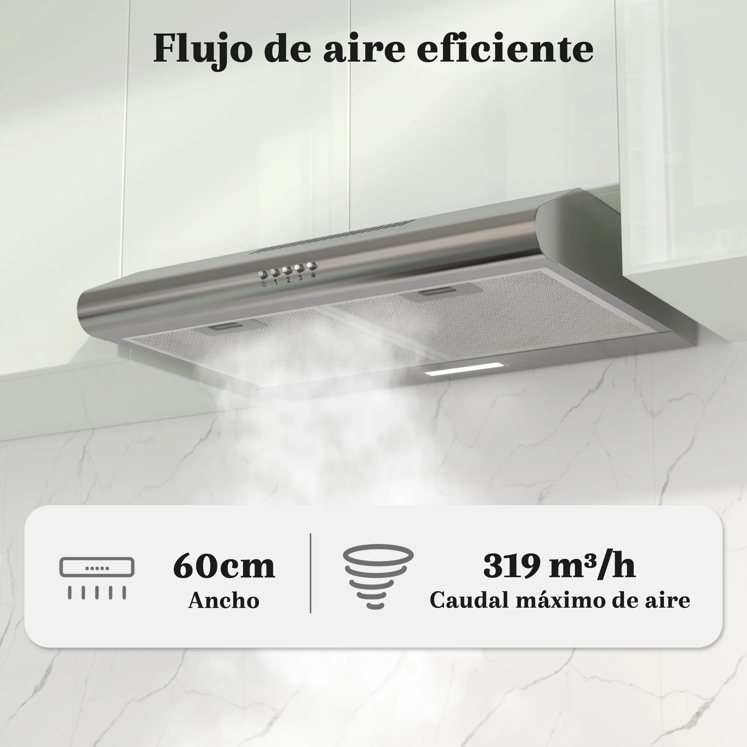 FIREGAS Campana Extractora 60cm A++, Motor Brushless Silencioso 46dB, Capacidad 319m³/h, Acero Inoxidable, Salida Superior/Trasera o Recirculación, Incluye 2 Filtros de Carbón