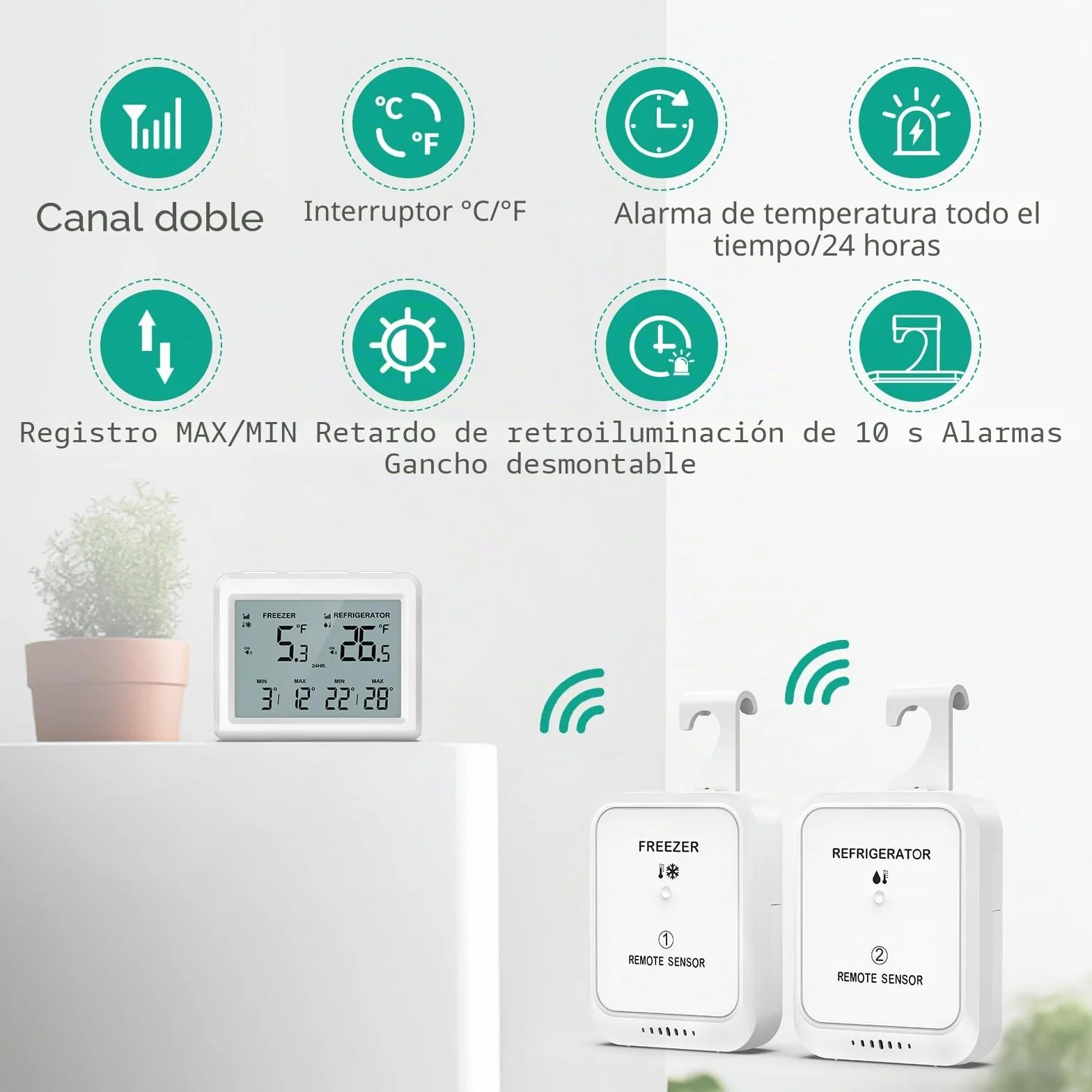 ORIA Termómetro Digital para Congelador, Termómetro para Nevera con 2 Sensores Inalámbricos, Pantalla LCD de 3,7", ℃/℉, Registro Min/Max, 2 Opciones de Montaje para Hogar y Restaurantes