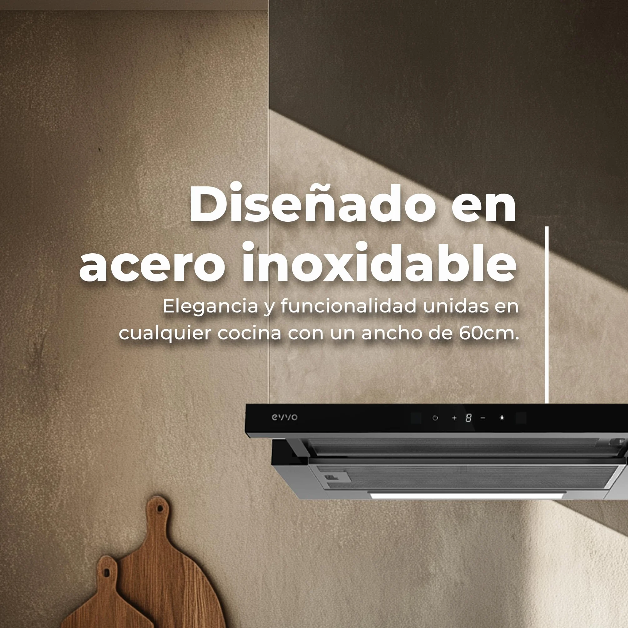 EVVO Campana Extractora 60 cm Telescópica, Potencia 550 m³/h, Luz LED, Filtro Aluminio y Carbon, Control Gestual, Acabado Inox Frontal Cristal Negro, Eficiencia Energética A++, 3 Velocidades