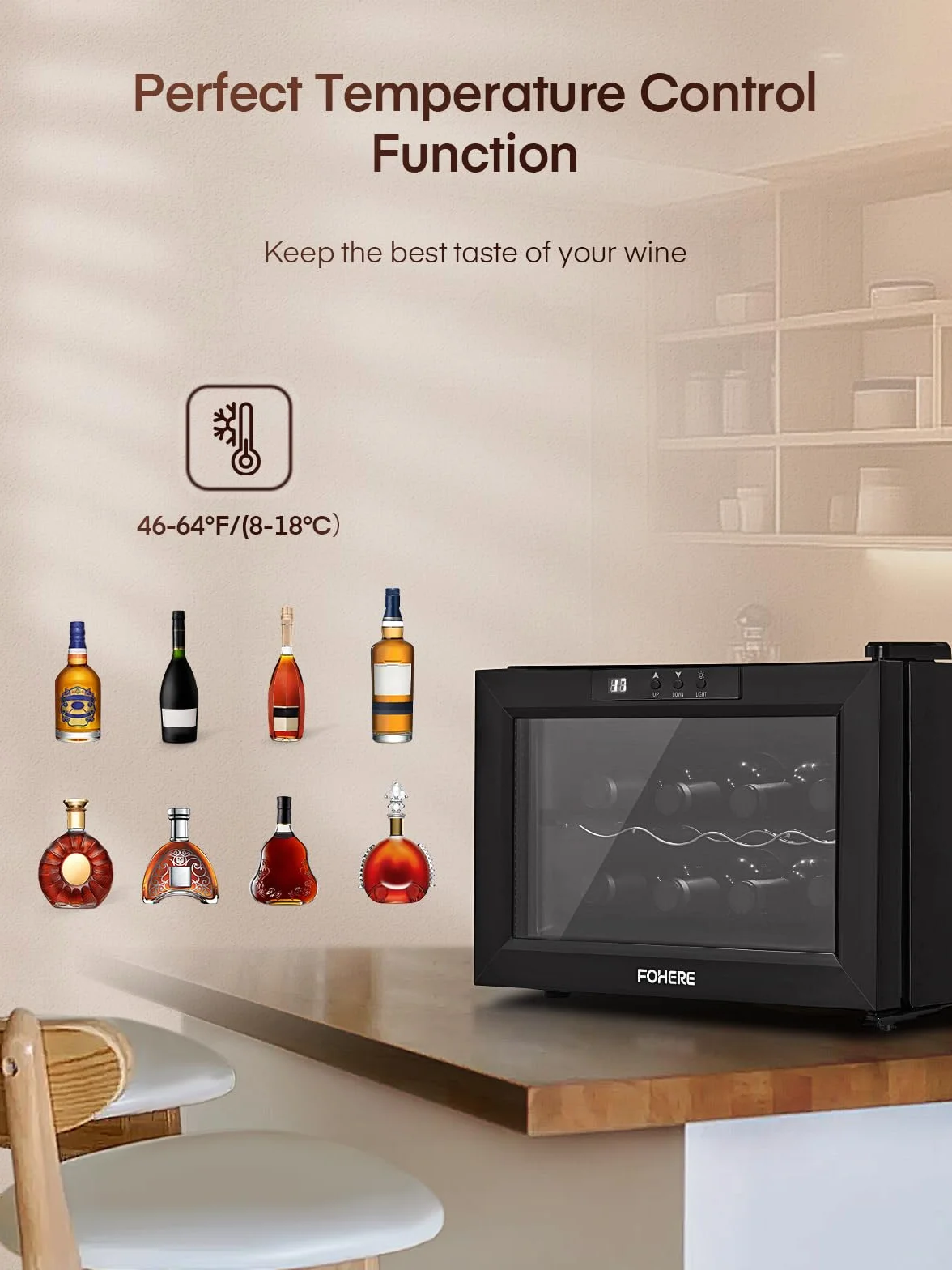 FOHERE Vinoteca de 8 botellas, frigorífico de mesa con puerta de vidrio, 22 litros LED + pantalla digital, frigorífico para bebidas con puerta de vidrio, 8-18 °C, zona única
