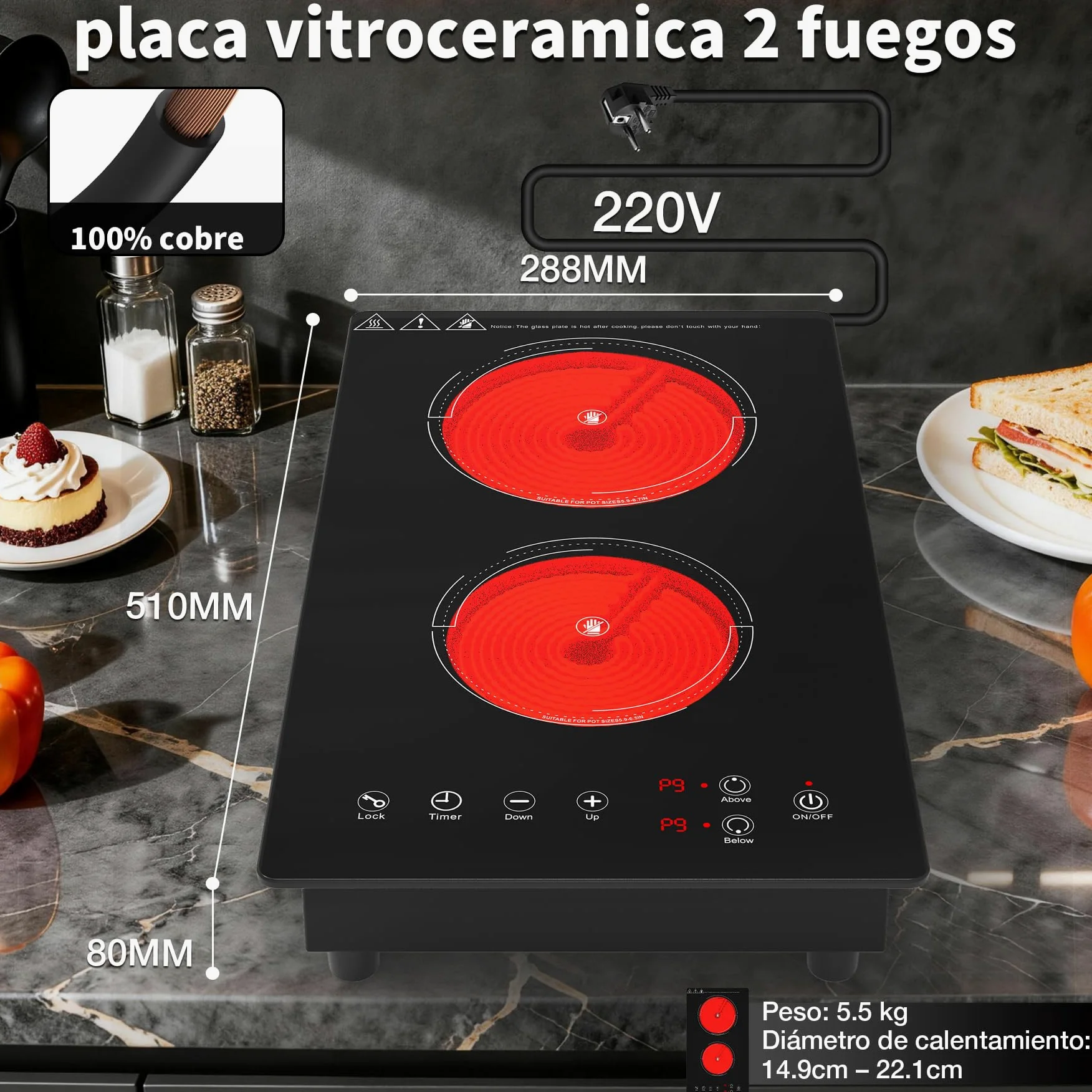 VBGK placa vitroceramica，220V 3000W placa de vitroceramica con control táctil LED, 9 niveles de potencia, bloqueo de seguridad infantil, temporizador de 4 horas y protección contra sobrecalentamiento.