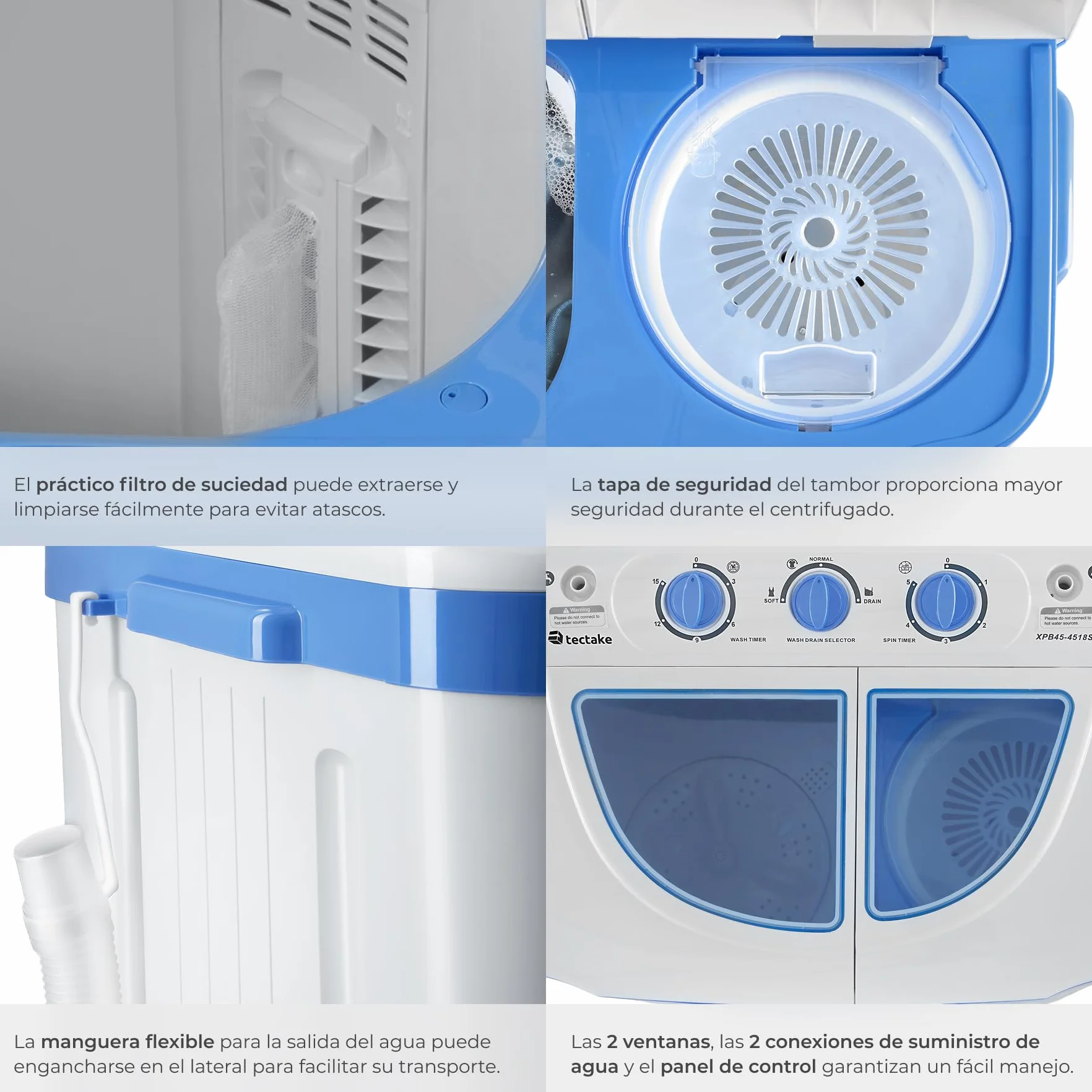 Tectake Lavadora Portátil Mini 4,5kg Carga Superior Ahorro Energía Máquina Lavadora Camping Caravanas Blanco