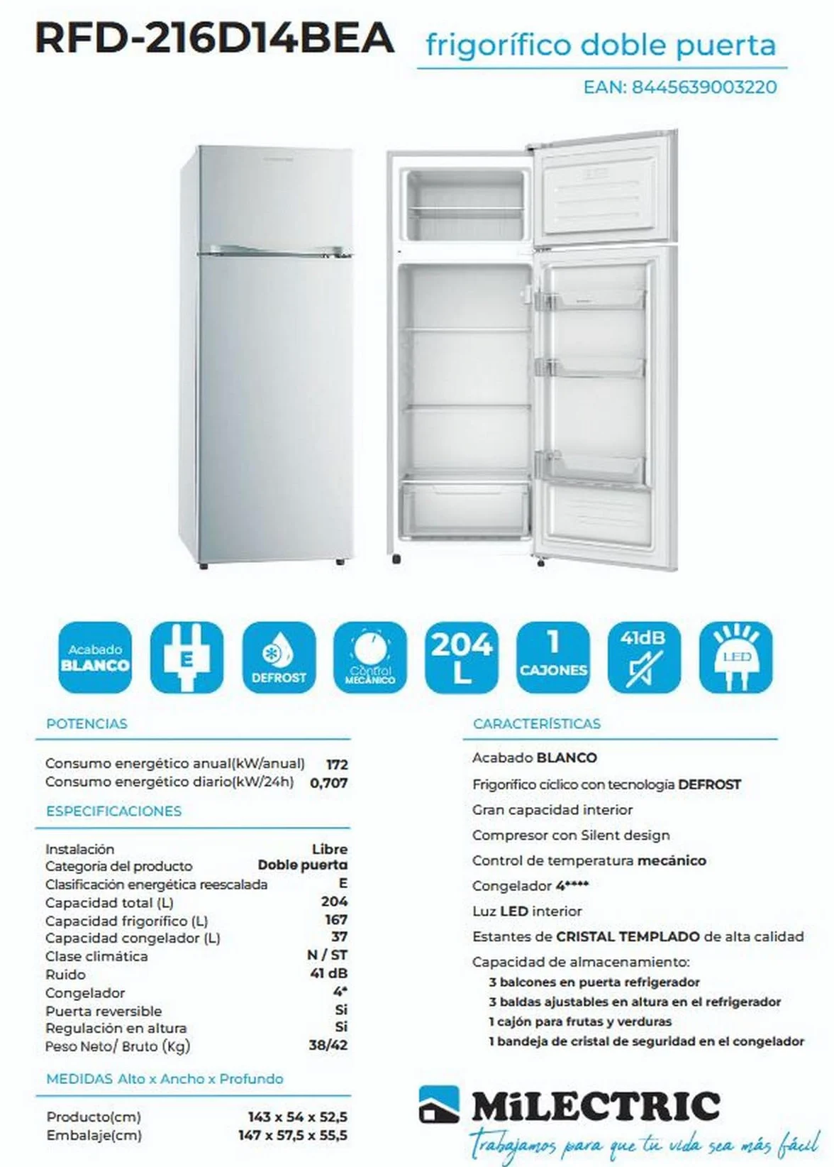 MILECTRIC Frigorifico Dos Puertas RFD-216D14BEA, 143 cm, 204 Litros, E, Ciclico, Puerta Reversible, Blanco