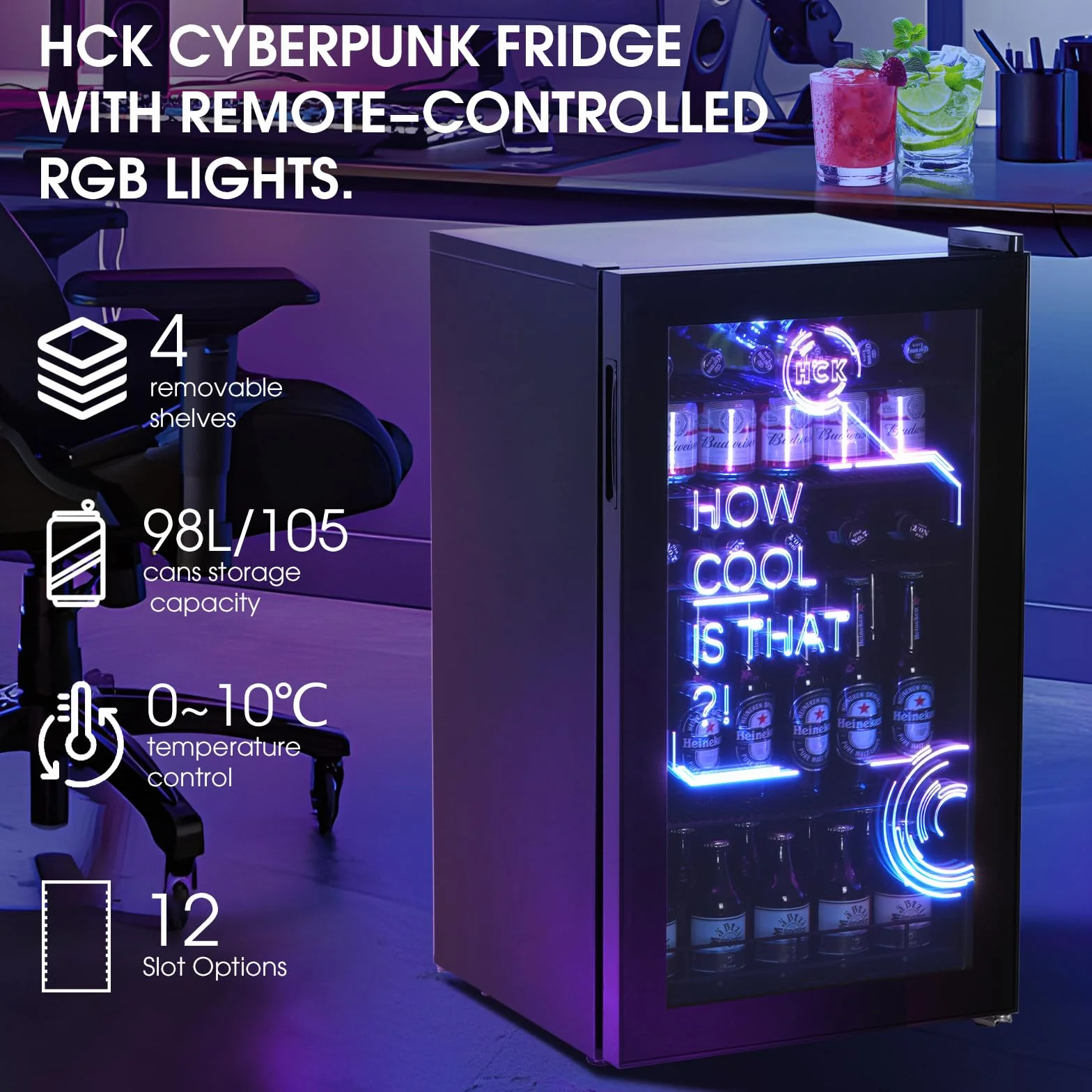 HCK Nevera Pequeña 98L, Mini Nevera con Iluminación Moderna Cyberpunk, Frigorifico Puerta Cristal de 0 a 10°C, Para Sala de Juegos, Fiesta, Negro