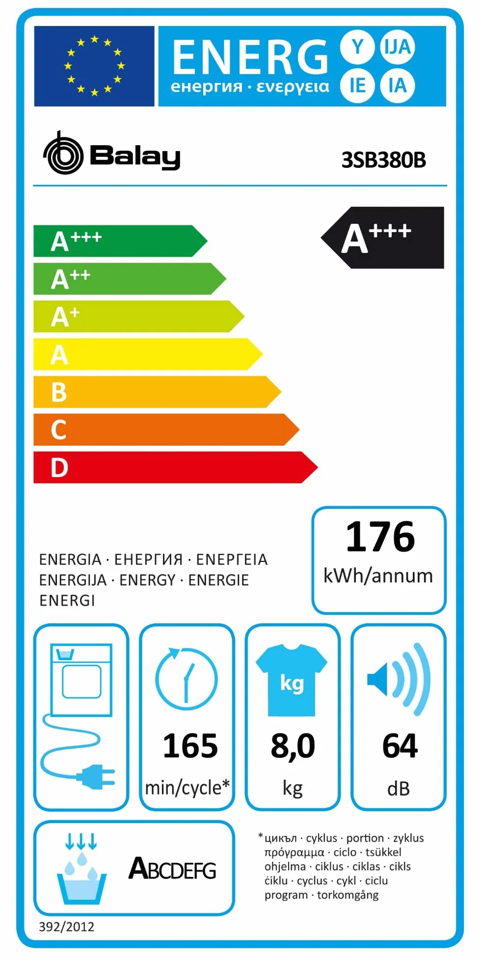 Balay 3SB380B - Secadora, Bomba de Calor, A+++, Libre instalación, 60 cm, 8 kg, Blanco, Display LED, filtro de fácil limpieza, programa para ropa de cama, puerta cristal, 2022