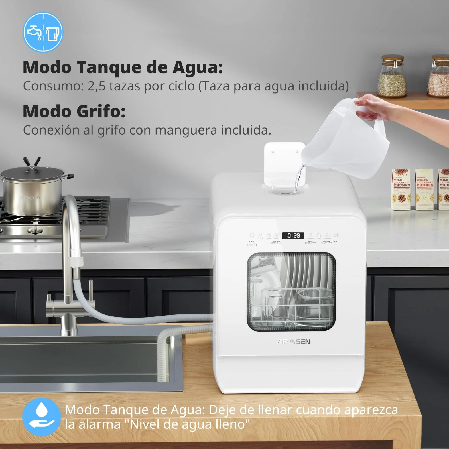 AIRMSEN Lavavajillas de Encimera Mini Lavavajillas con Tanque de 5L, 7+2 Programas Diseño Ultra Estrecho (37x50cm) y Gran Profundidad Lavavajillas Compacto Rociado Dual 360° Blanco (Blanco)