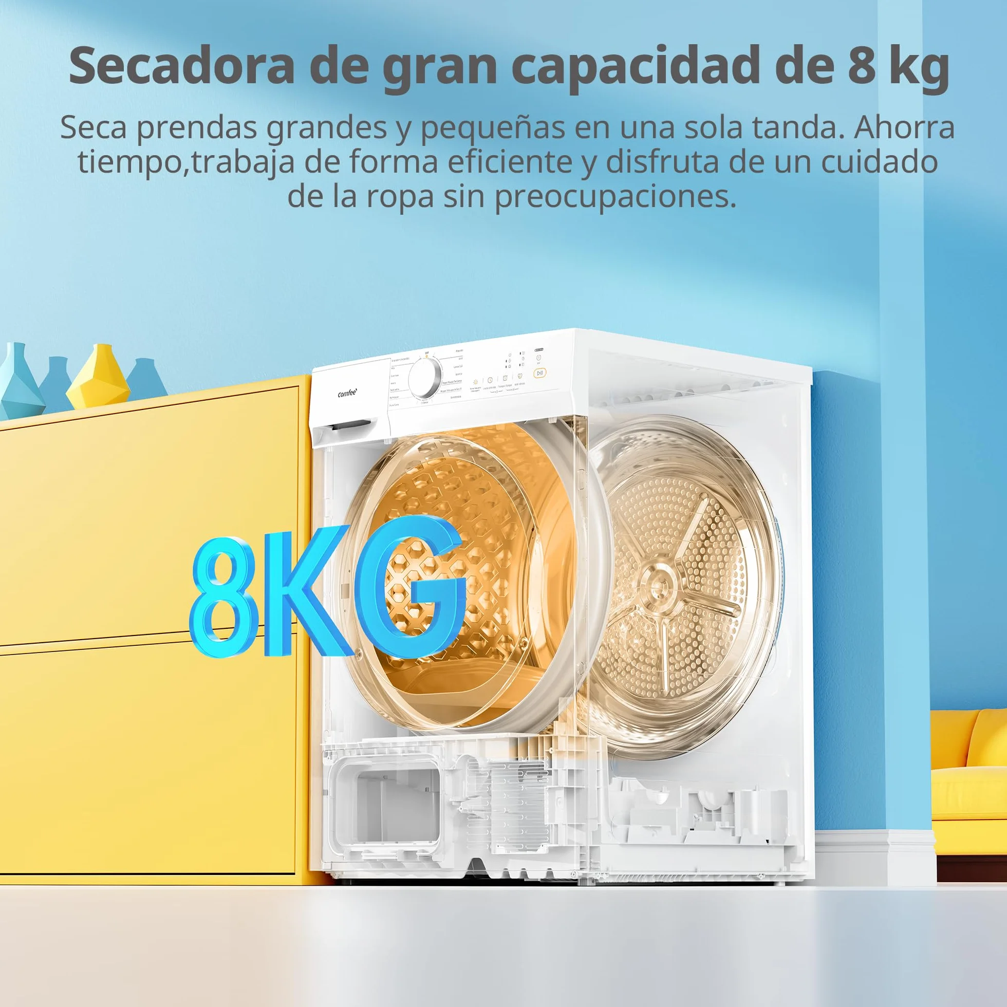 COMFEE' Secadora de Ropa 8 kg, Clase D, Secado rápido, 15 programas, Secado Anti Arrugas, Bomba de Calor, Función de refresco, CD08EHP05W, blanco