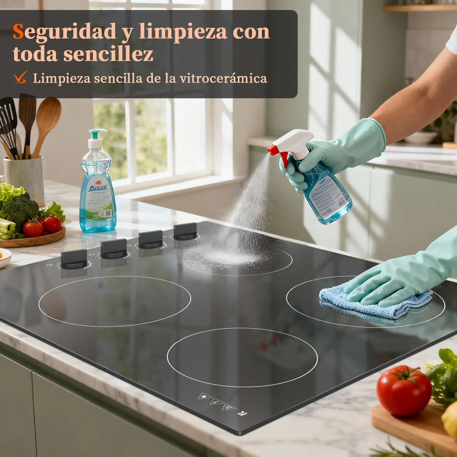 Karinear Placa Vitroceramica 4 Fuegos 60 CM con Mandos Manuales, 6000W | 9 Niveles de Potencia, 4 Placas con Niveles de Potencia, Compatibilidad Universal de Ollas, Apagado Automático, sin Enchufe