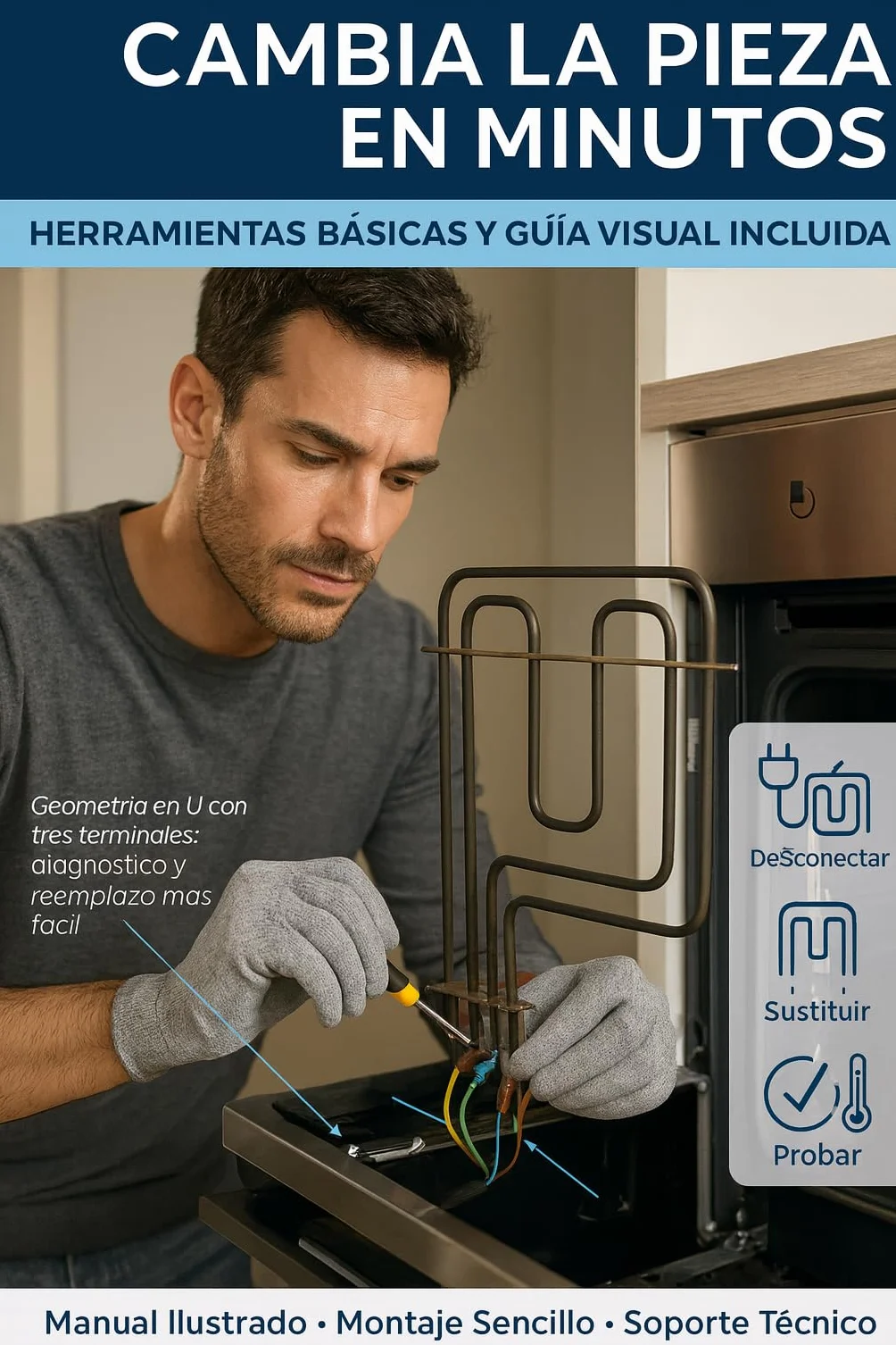 RECAMBIOS DREYMA Resistencia Solera y Grill Horno 1500W 1100W 230V Tubular Acero Montaje Faston Barra Guia Calor Uniforme Instalacion Rapida Compatible con TEKA BOSCH BALAY Repuesto Solido