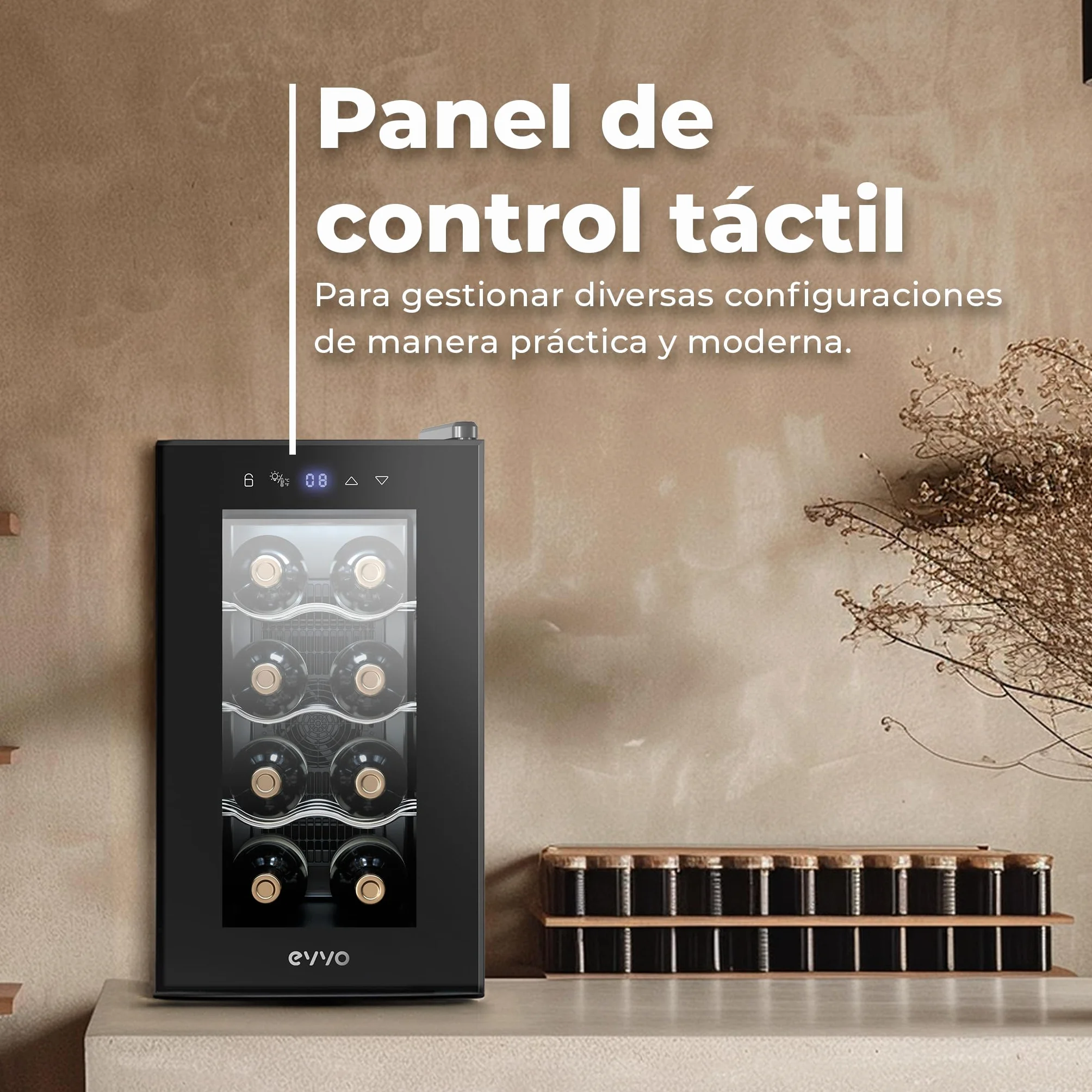 EVVO Vinoteca VT8 - Enfriador de Botellas de Vino, Nevera Pequeña para 8 Botellas, Enfriador de Vino Silencioso, Control Táctil, Luz LED, Botellero Vertical, Temperatura Ajustable 8-18ºC