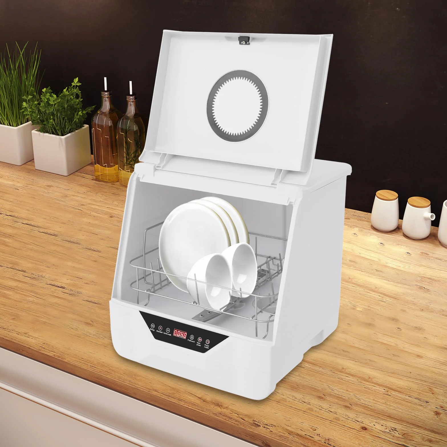 Lavavajillas, mini lavavajillas de mesa con 4 modos de lavado y depósito de agua de 6 L, 19 mins (purga de fruta)/ 29 mins (rápido)/39 mins (estándar)/49 mins (fuerte), control táctil para
