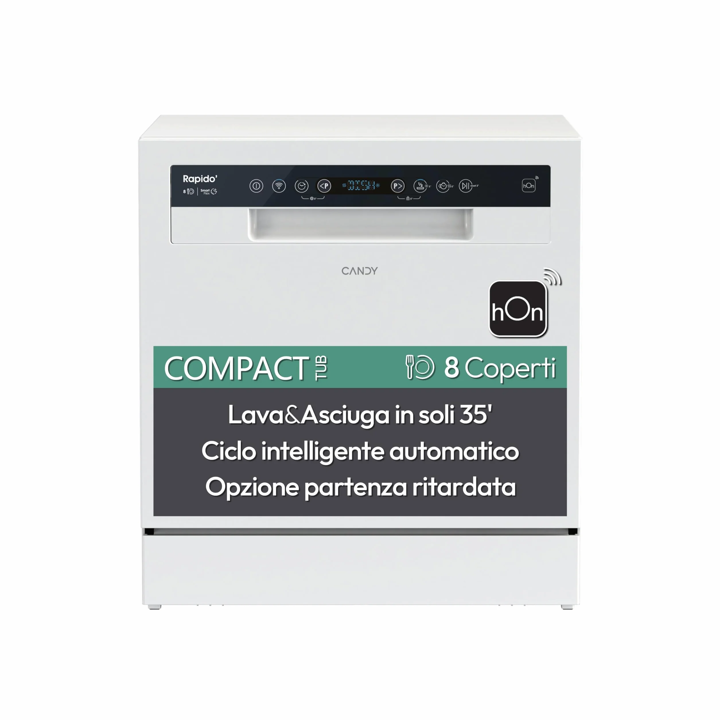 Candy Rapido' CP 8F9FFW Lavavajillas compacto, 8 cubiertos, 8 programas, lavado y secado de 190 cm, primera selección, HxBxD 59,5 x 50,1 x 55 cm, blanco [clase energética F]