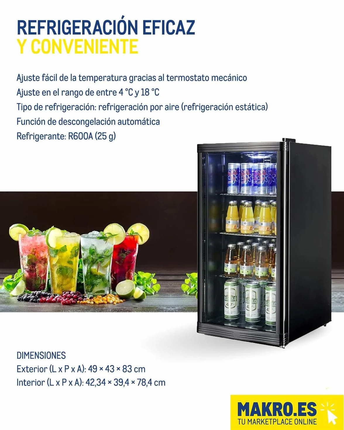METRO Professional Mini Frigorífico GPC 1088, nevera pequeña con puerta de cristal, 88 L, negro, 1.052 kWh/24h, con estante ajustable para gastronomía, restaurant, tiendas