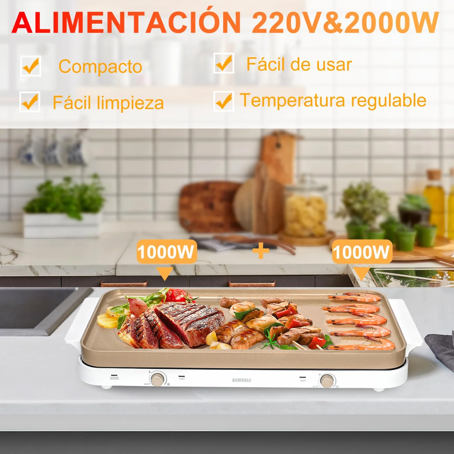 AEWHALE Cocina Eléctrica Portátil doble 2000 W,15.24 Cm de Diámetro, con Una Placa de Cerámica Antiadherente Extraíble y 5 Niveles de Regulación de Temperatura