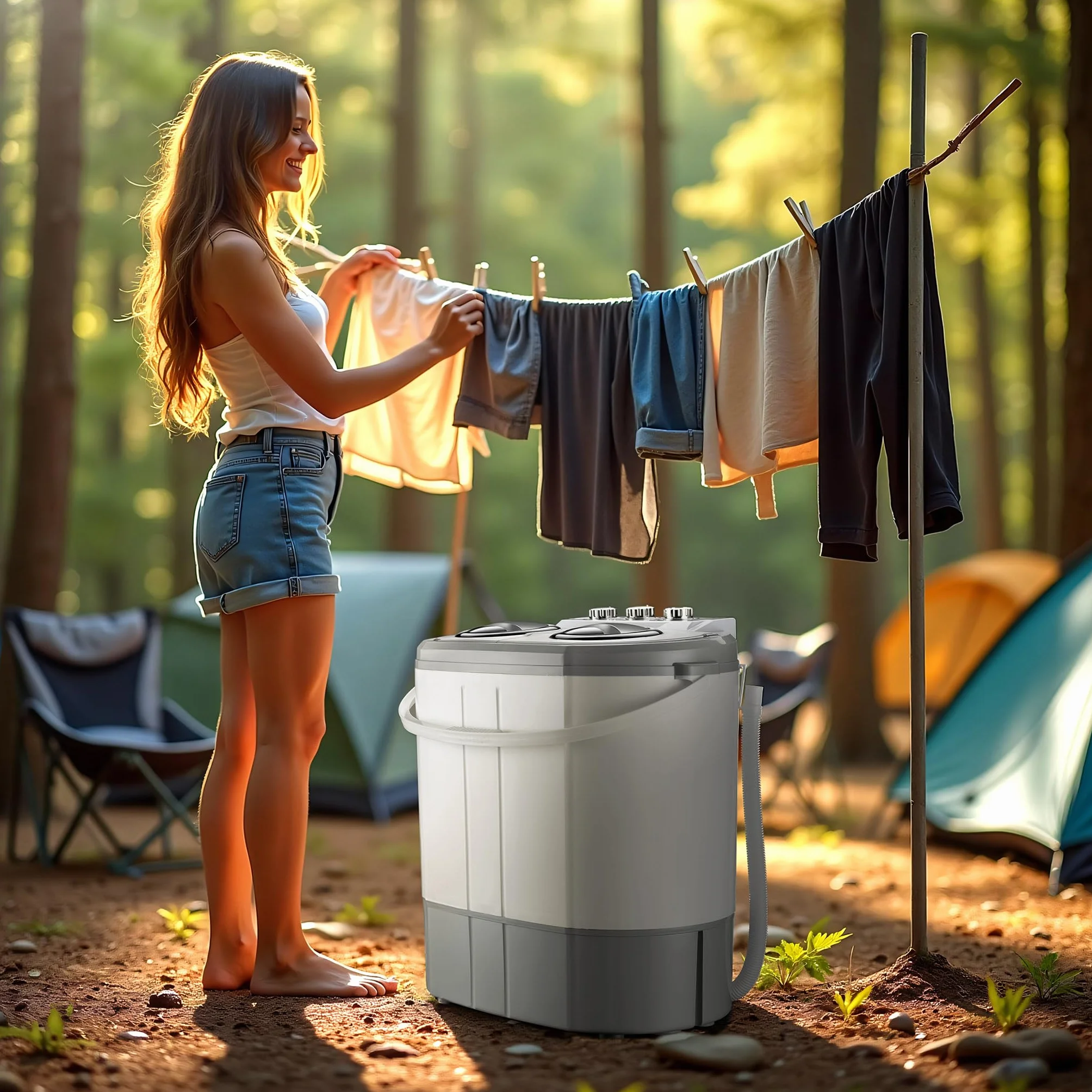 Wiltec Lavadora de camping portátil de doble tina 230 W 3 kg lavado y 2 kg centrifugado con temporizador mini lavadora compacta para camping, pisos pequeños, cubeta doble para lavado y centrifugado