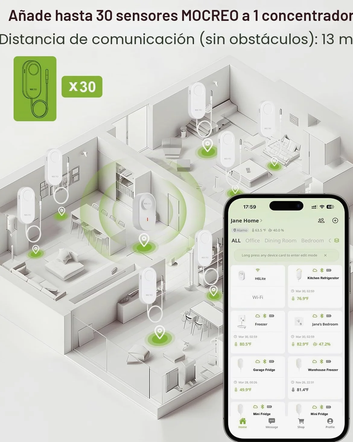 MOCREO Termómetro WiFi para congelador, alerta por correo electrónico, notificación de aplicación, exportación de registros de datos, sin tarifa de suscripción, sensor de temperatura inalámbrico