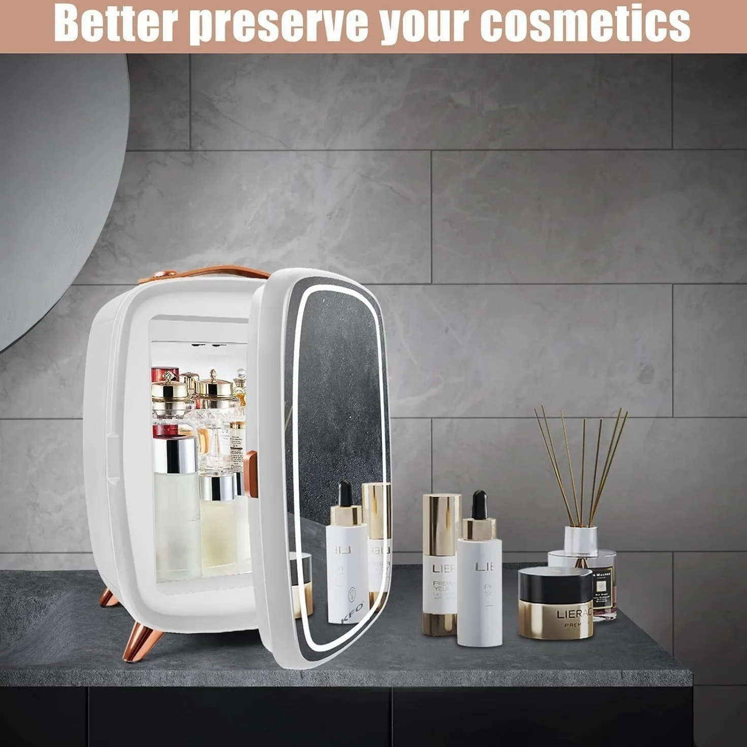 KFO Nevera Para Cosmeticos Con Espejo LED 6L | Nevera De Maquillaje Portátil, 3 Modos De Luz (Viva/Tamizada/Estrellada) | 6°C + 20 DB Ultra Silenciosa | Mini Nevera Para Cremas Y Perfumes