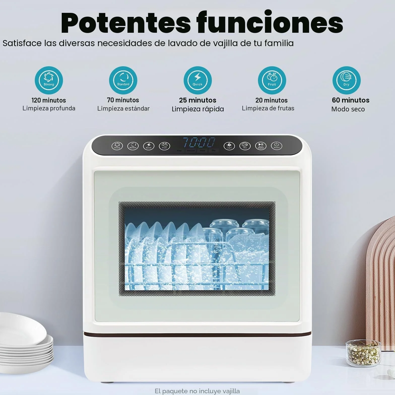 Mini Lavavajillas, Lavavajillas de Mesa para 4-6 Personas, Lavavajillas de Mesa Energéticamente Eficiente con 4 Programas, Secado por Aire Caliente y Antibacteriano por 72h, Blanco