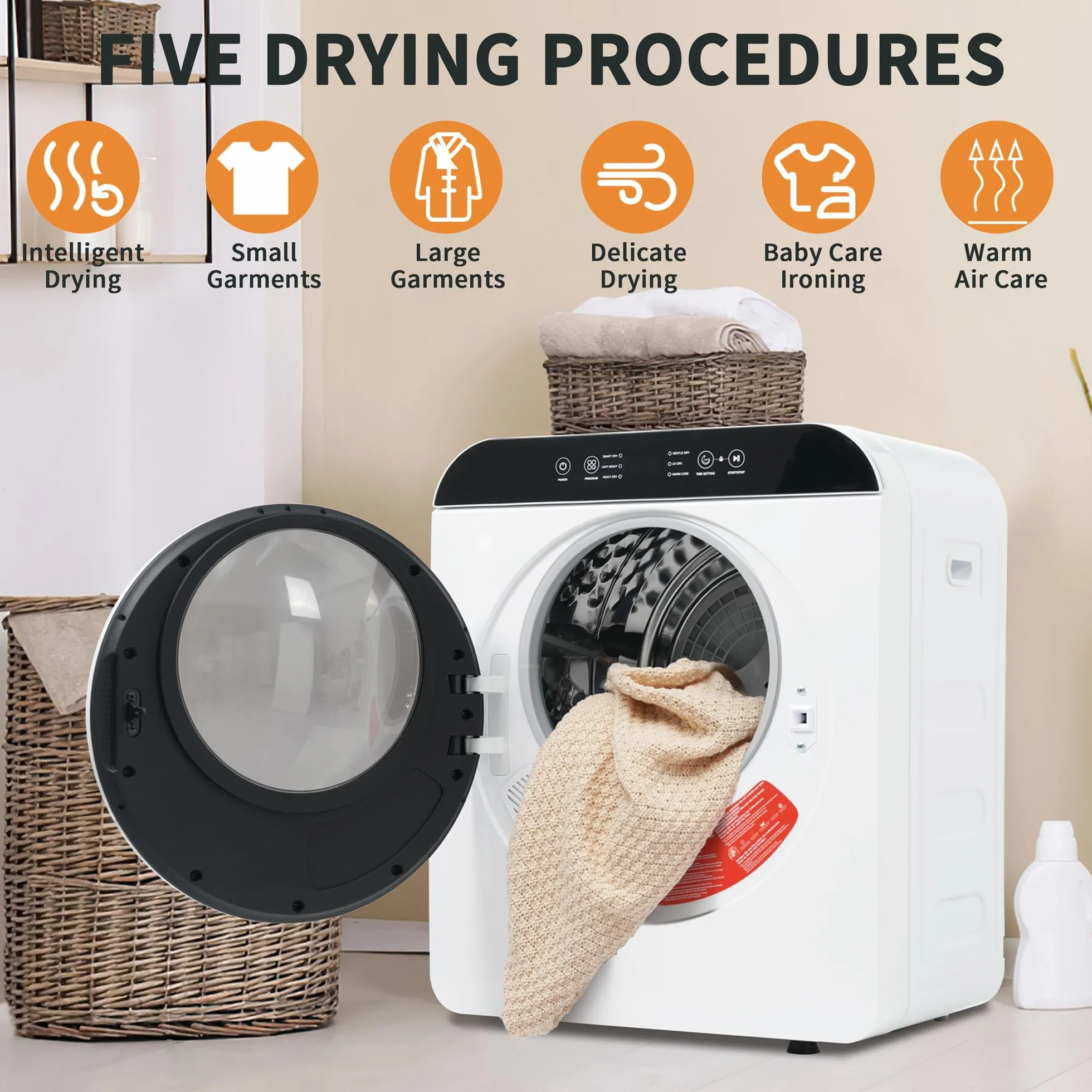 Secadora de Evacuación 4,5 kg con 6 Programas, Carga Frontal Secadora de Ropa 830 W, Montable en la Pared Secadora de Ropa con Tambor Inox, para Piso, Casa, Mobil Home, 59x49x43,5 cm, Blanco