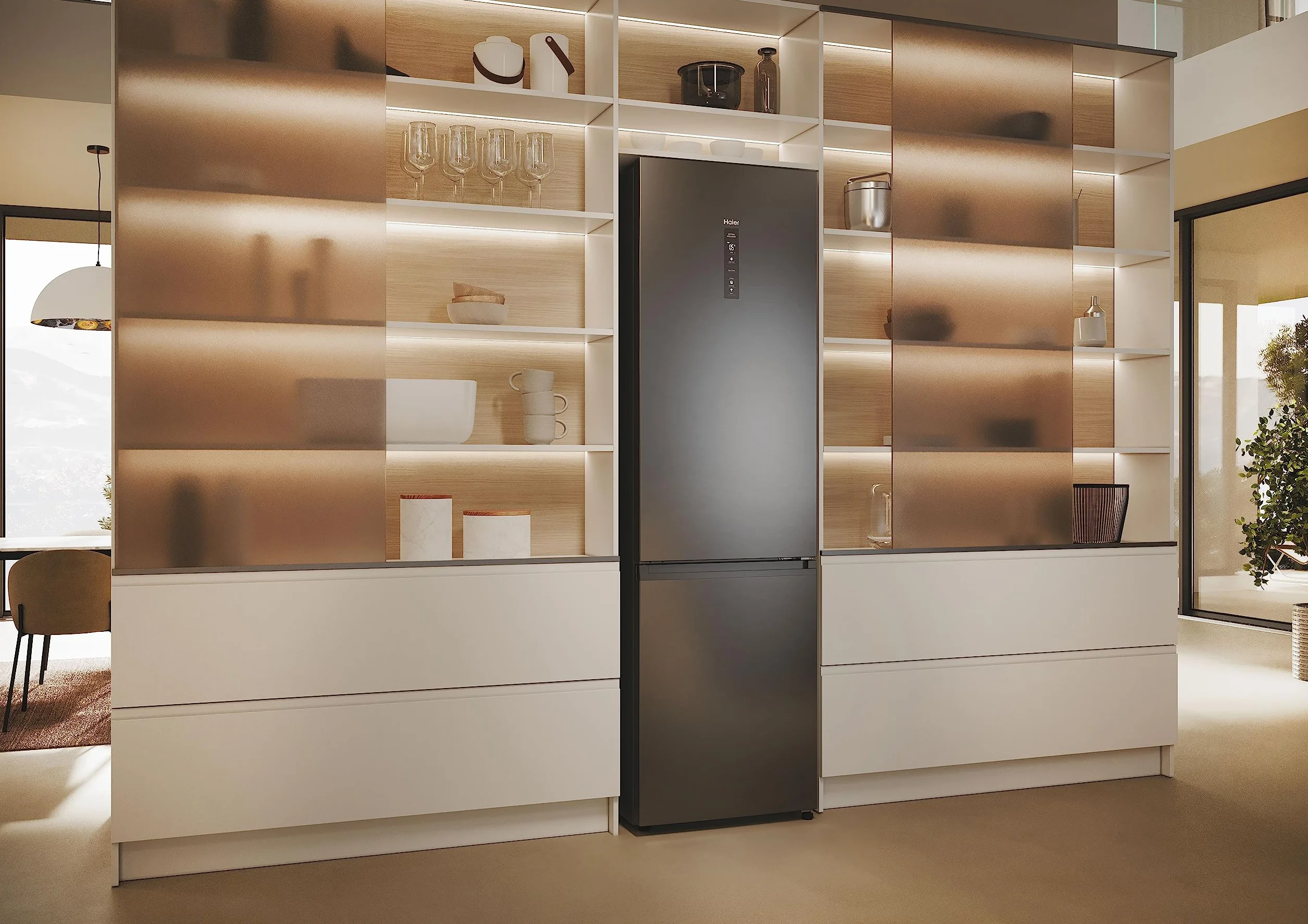 Haier 2D 60 Series 5 Pro HDPW5620ANPD Frigorífico Combi, 409L, WIFI, Motor Inverter, My Zone, Cajón Humidity Zone, Total No Frost, Ancho 59,5cm, Botellero Plegable, Luz LED, Inox oscuro