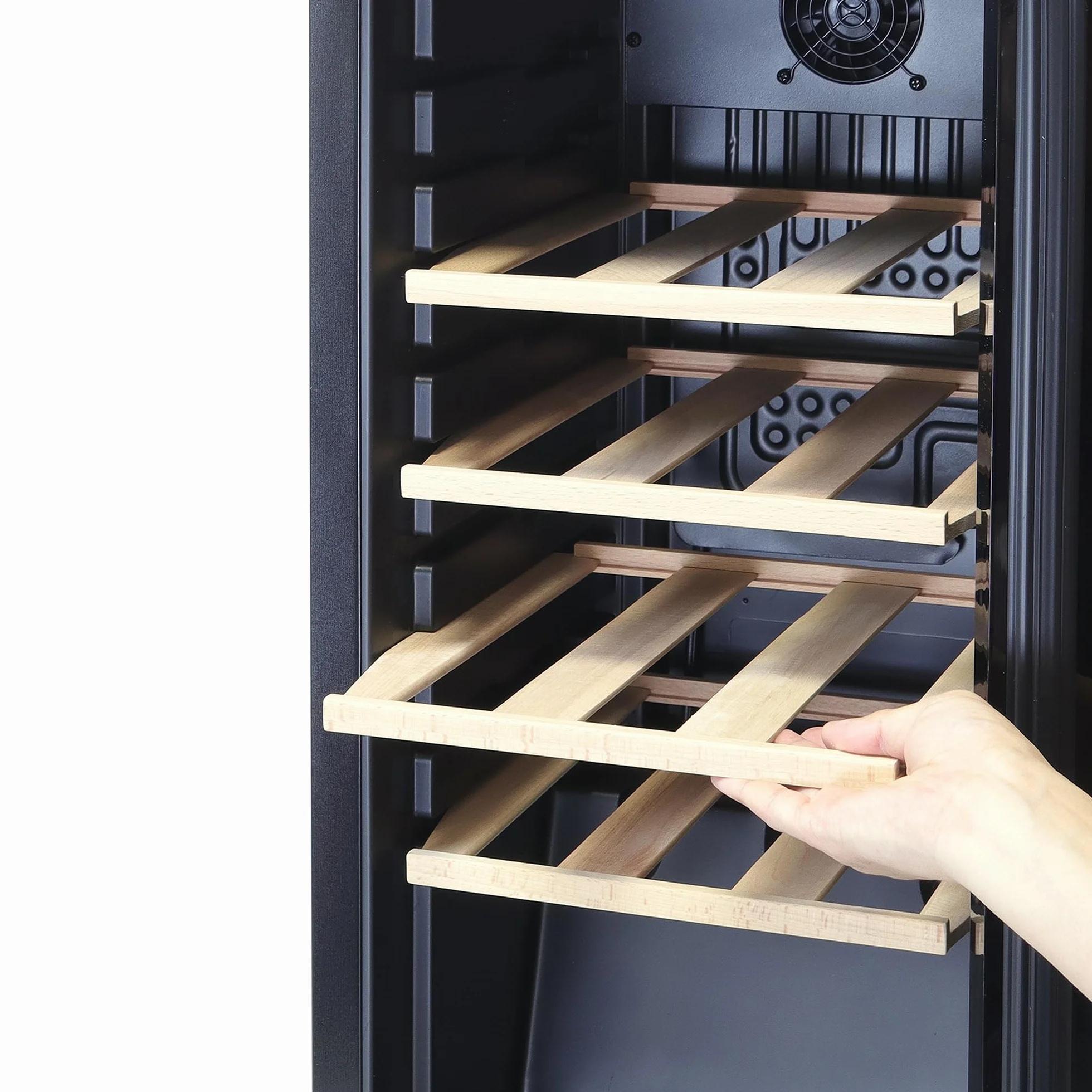 Sommertal WK50 - Nevera para vino con puerta de cristal (15 botellas, 5 – 20 ºC, ajustable, con cerradura, iluminación LED, puerta de cristal, pantalla táctil, 4 estantes de madera, silencioso, ahorro
