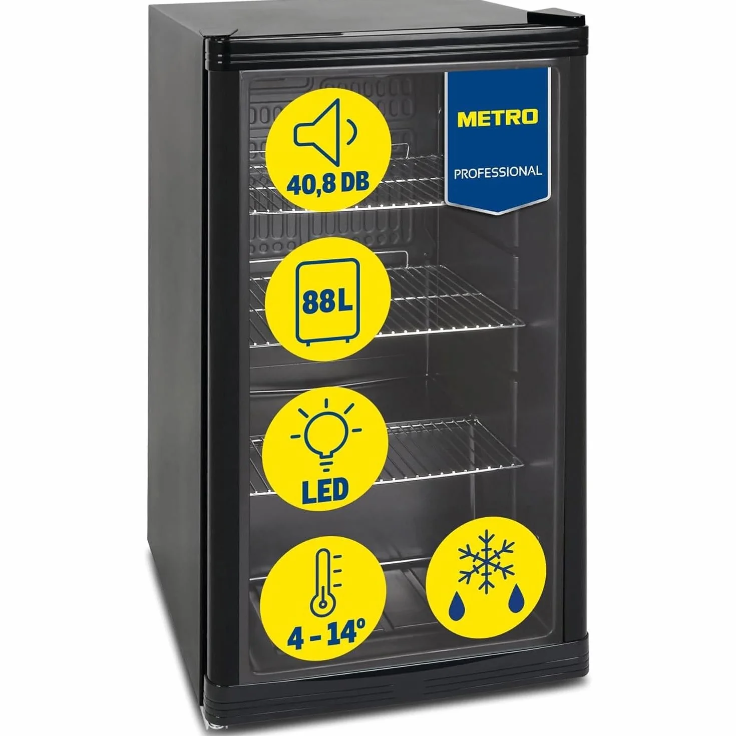 METRO Professional Mini Frigorífico GPC 1088, nevera pequeña con puerta de cristal, 88 L, negro, 1.052 kWh/24h, con estante ajustable para gastronomía, restaurant, tiendas