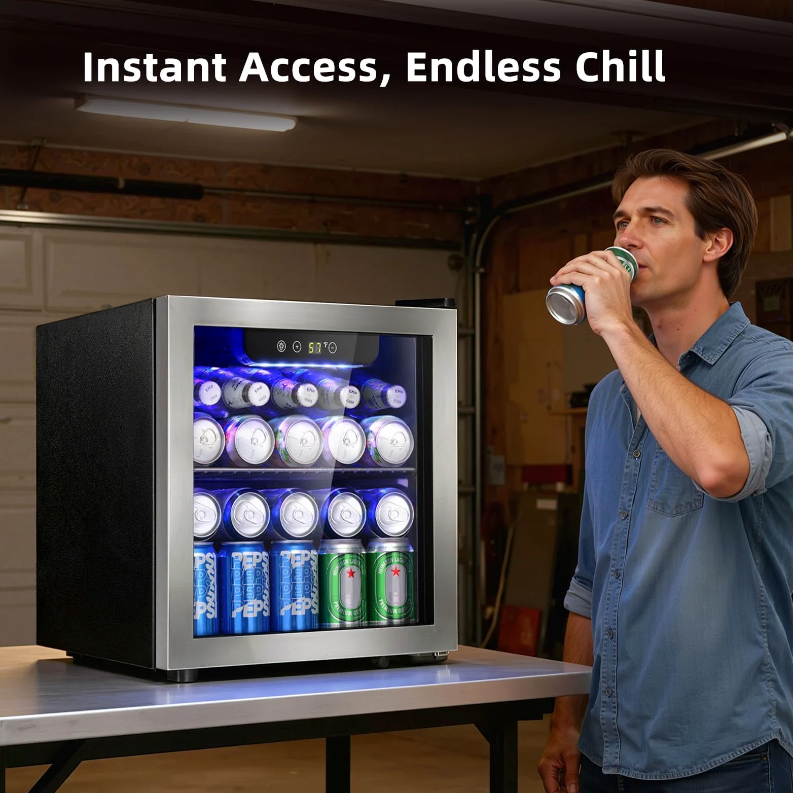 Antarctic Star - Enfriador de bebidas para 48 latas, 12 botellas de vino con puerta de vidrio de acero inoxidable sin costuras, indicador de temperatura digital, control electrónico