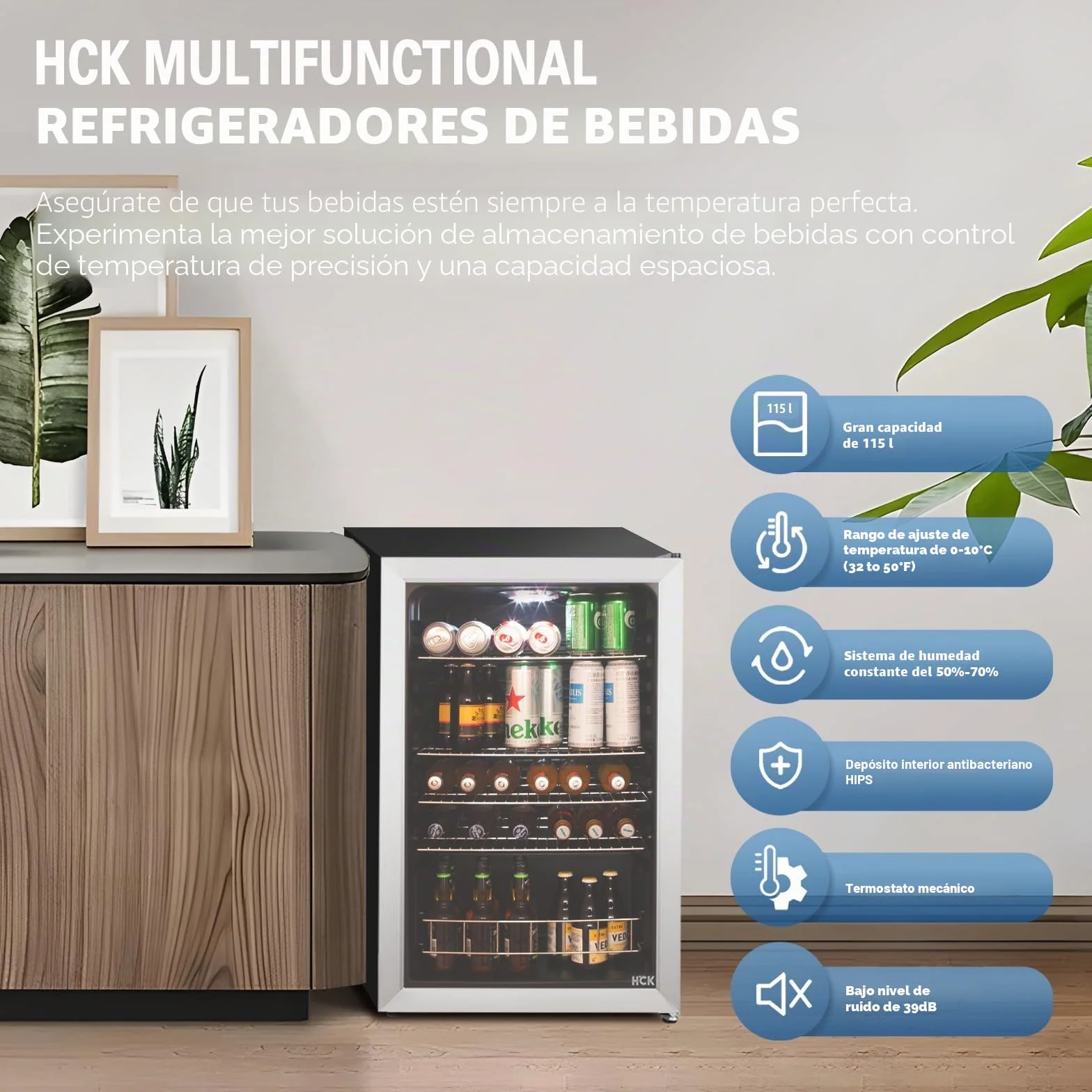 HCK Refrigerador de Bebidas Independiente de 115L con Puerta de Vidrio Doble, Temperatura Ajustable de 0-10℃, 4 Estantes Removibles para Cerveza y Bebidas