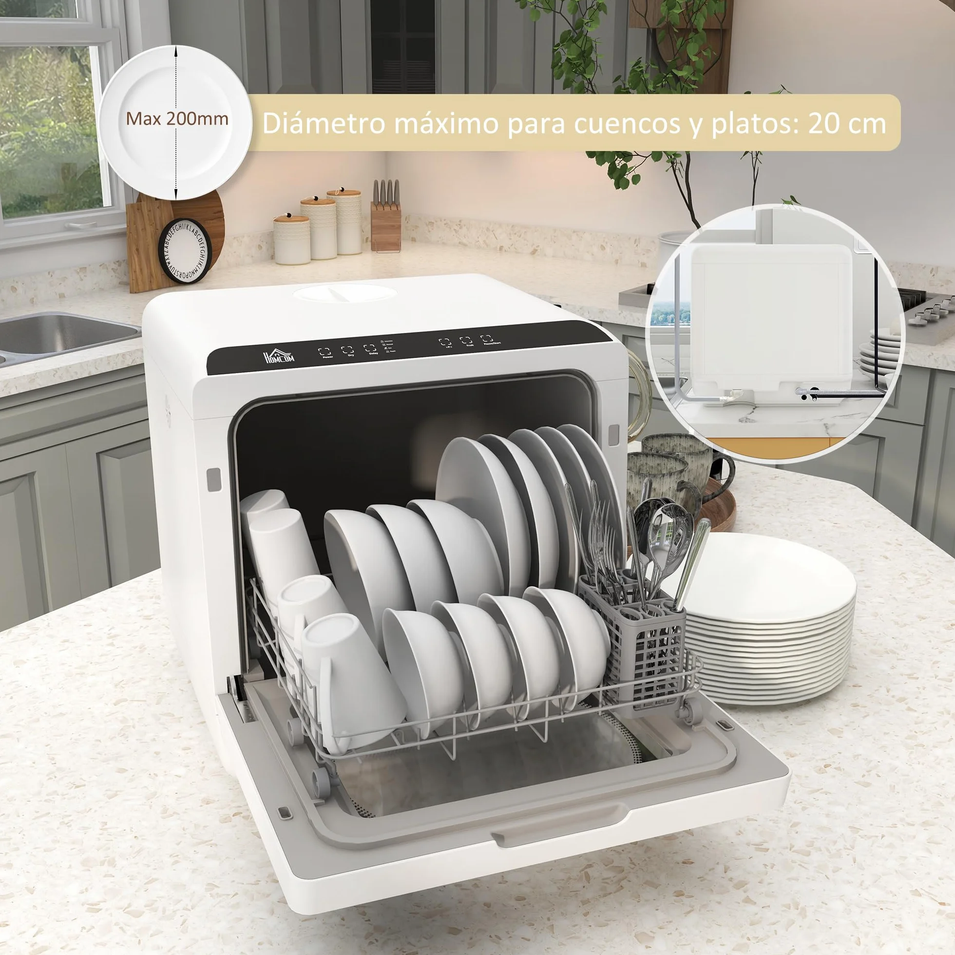 HOMCOM Lavavajillas de Encimera Pequeño con 5+1 Programas, ECO, Depósito de Agua 6L, Dos Modos de Suministro, Pantalla LED para Cocina y Apartamentos