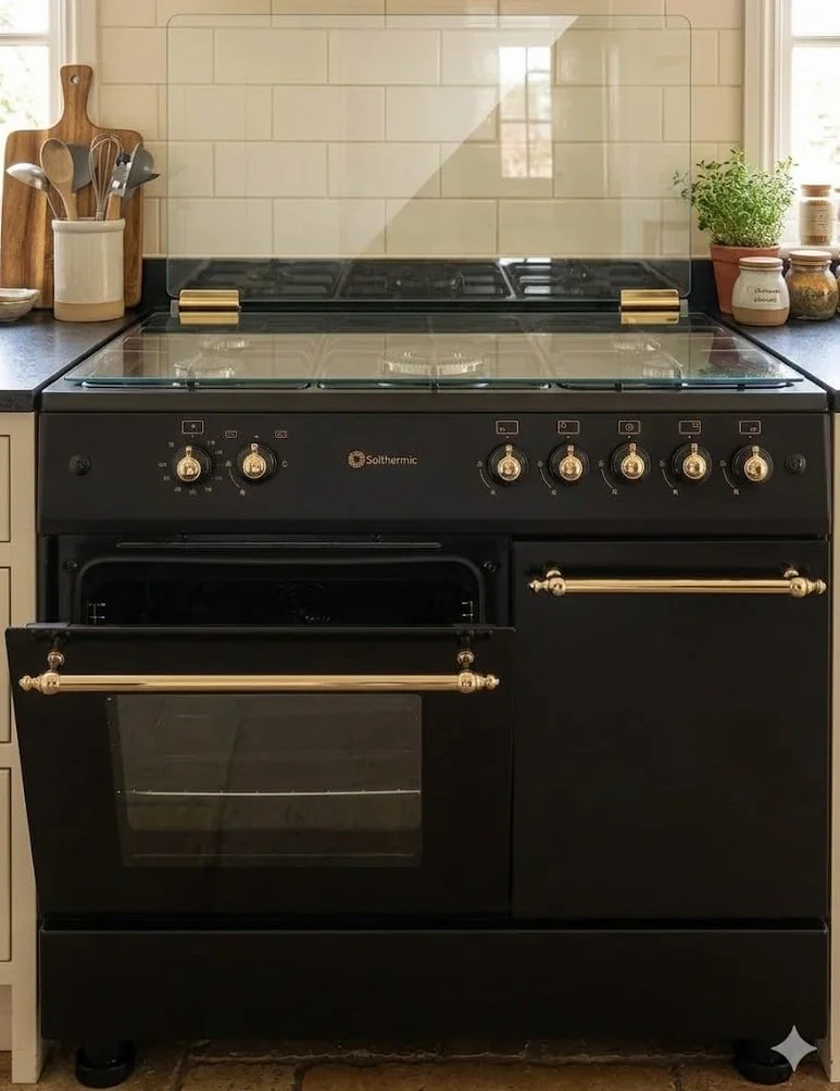 PACK COCINA A GAS F9LT50G2 PORTABOMBONA NEGRA RÚSTICA + CAMPANA DECORATIVA NEGRA RÚSTICA/ANCHO 90 CM/FUEGOS CON ENCENDIDO AUTOMATICO/HORNO 64 L.