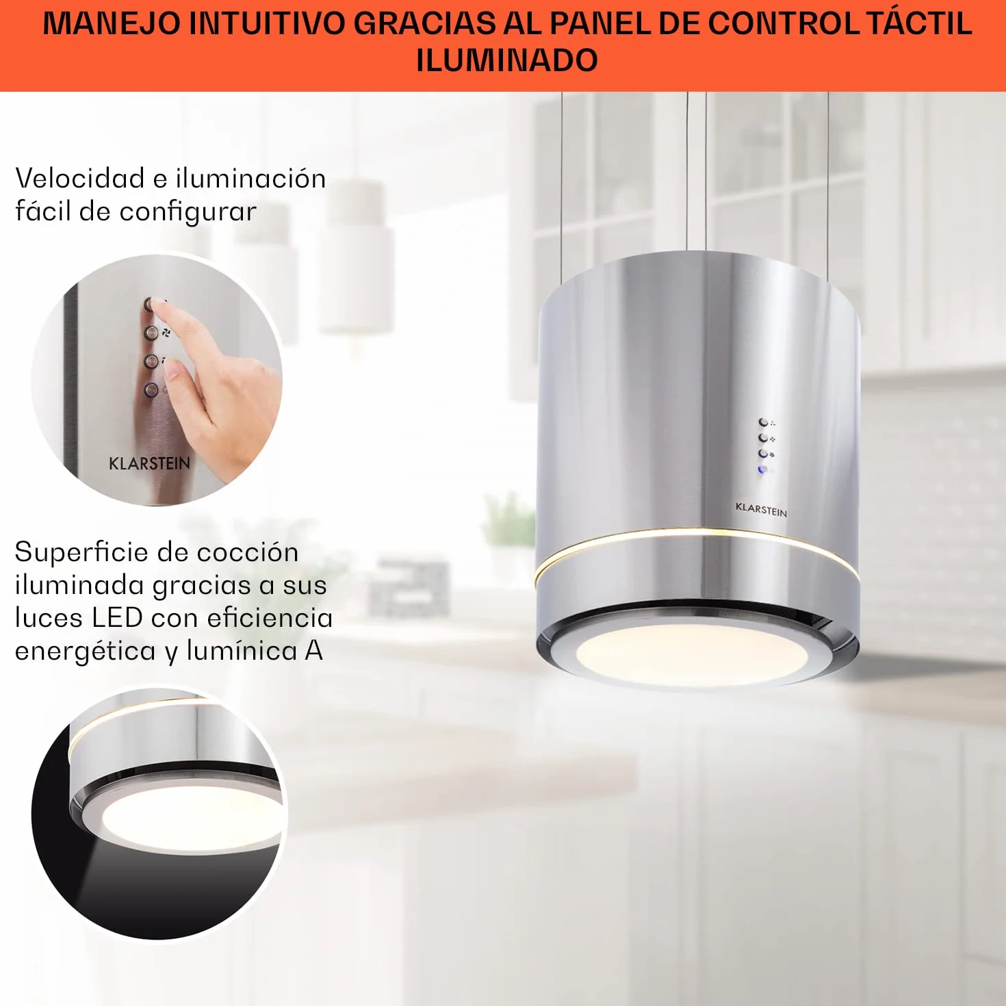 Klarstein Campana Isla Extractor Cocina 540m³/h Temporizador 3 Modos Filtros Carbón Activo