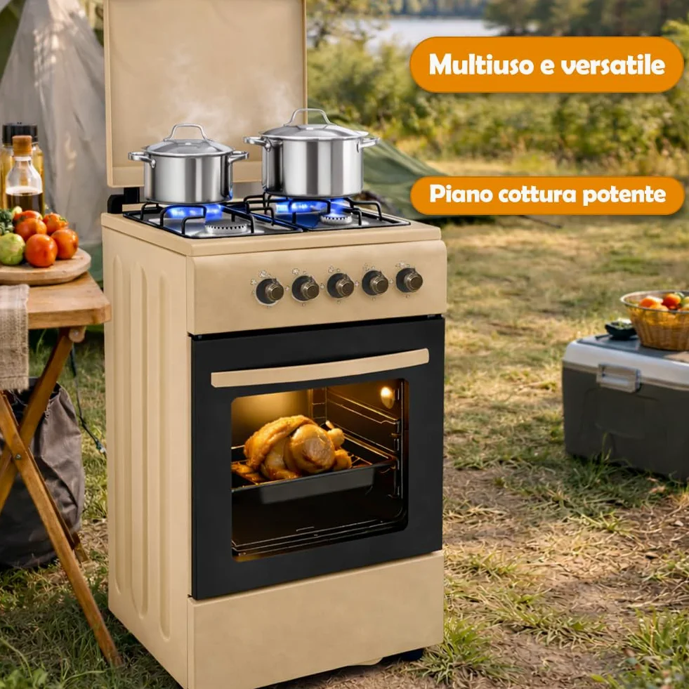 BAKAJI Cocina de exterior de alimentación a gas con horno y 4 fuegos, cocina con quemadores y parrillas extraíbles de hierro fundido con mueble y encendido ergonómico, ideal para exteriores e