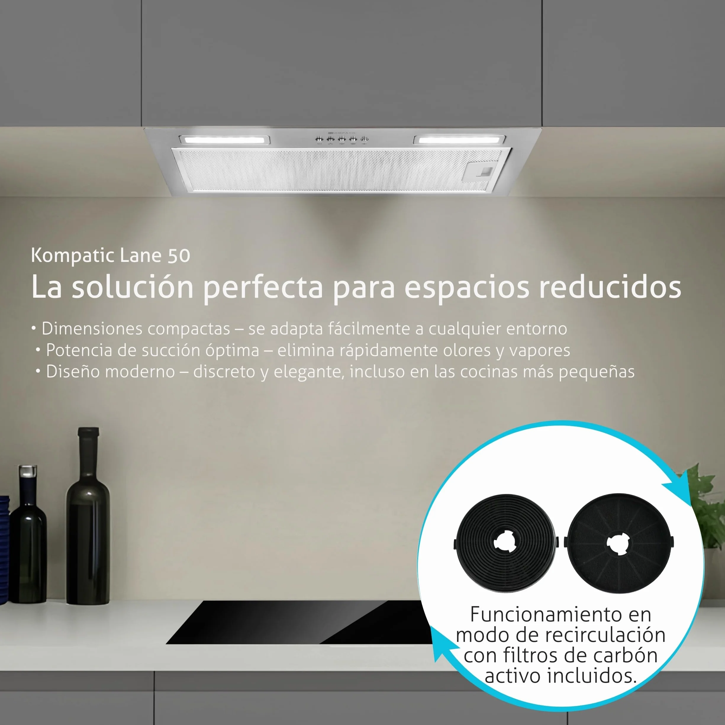 Lane 50 KLN50SI Campana Extractora Encastrable 50cm, A+++, 450 m³/h, Con Filtro de Carbón KCF4, Temporizador, Control electrónico, Iluminación LED, 3 velocidades + boost, Acero Inoxidable