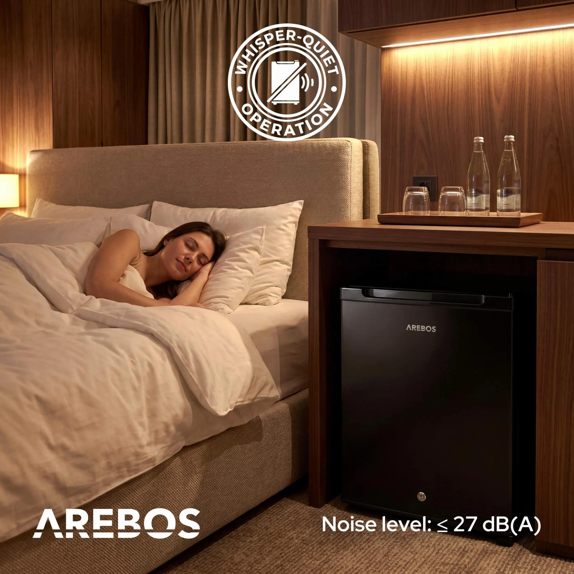 Arebos Mini Frigorífico 40L | Mini Bar Silencioso ≤27 dB | Nevera Compacta con Cerradura, LED y Temperatura Ajustable 5–18 °C | Frigorífico Oficina | Negro