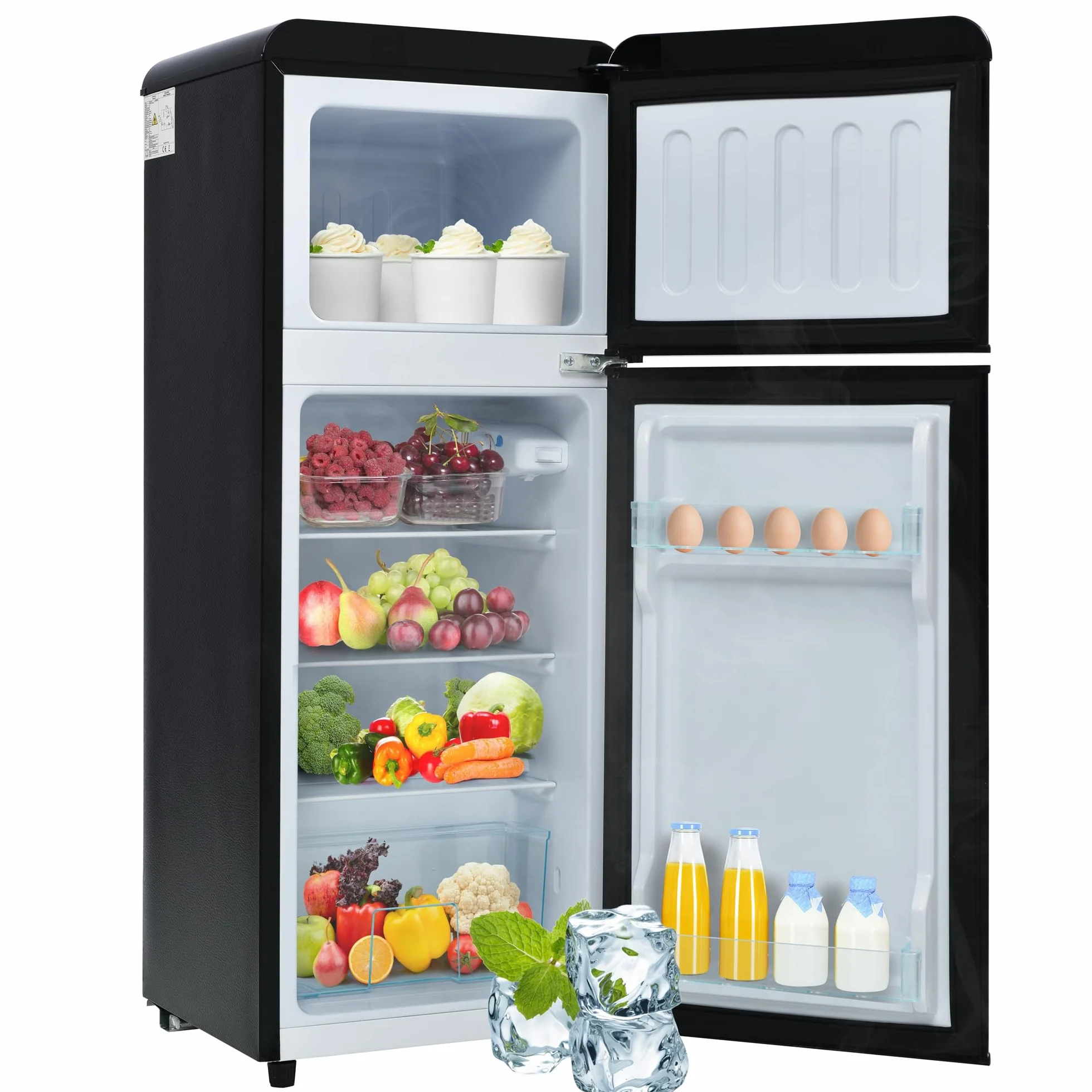 Frigorífico Mini 92L, Frigorifico Pequeño con Congelador (28L+64L), Frigorifico Combi con LED, 105,5x41x45,5 cm Frigorífico no Frost con 2 Estantes Ajustables, 116 kWh/año, -27°C∽13°C (Black)
