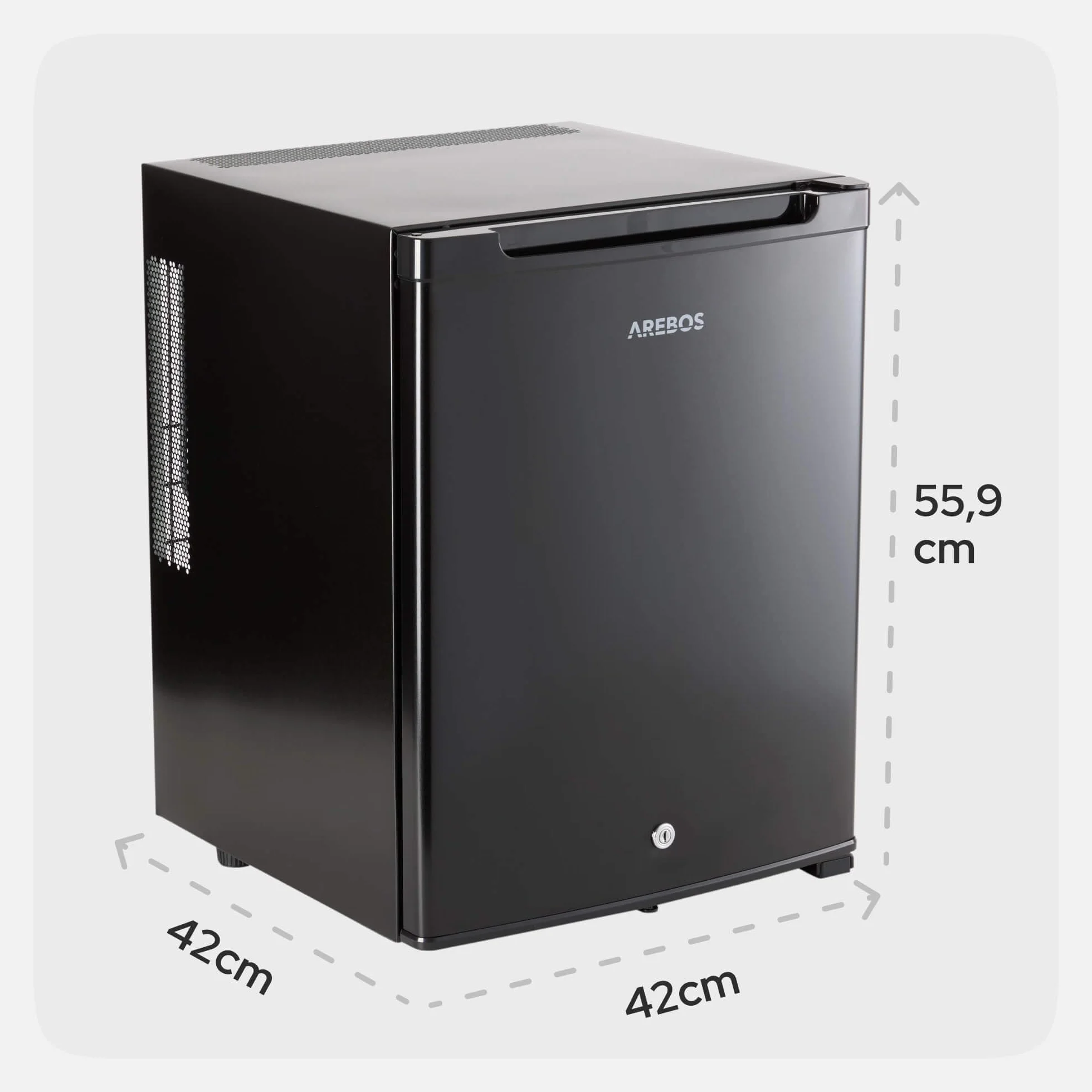Arebos Mini Frigorífico 40L | Mini Bar Silencioso ≤27 dB | Nevera Compacta con Cerradura, LED y Temperatura Ajustable 5–18 °C | Frigorífico Oficina | Negro