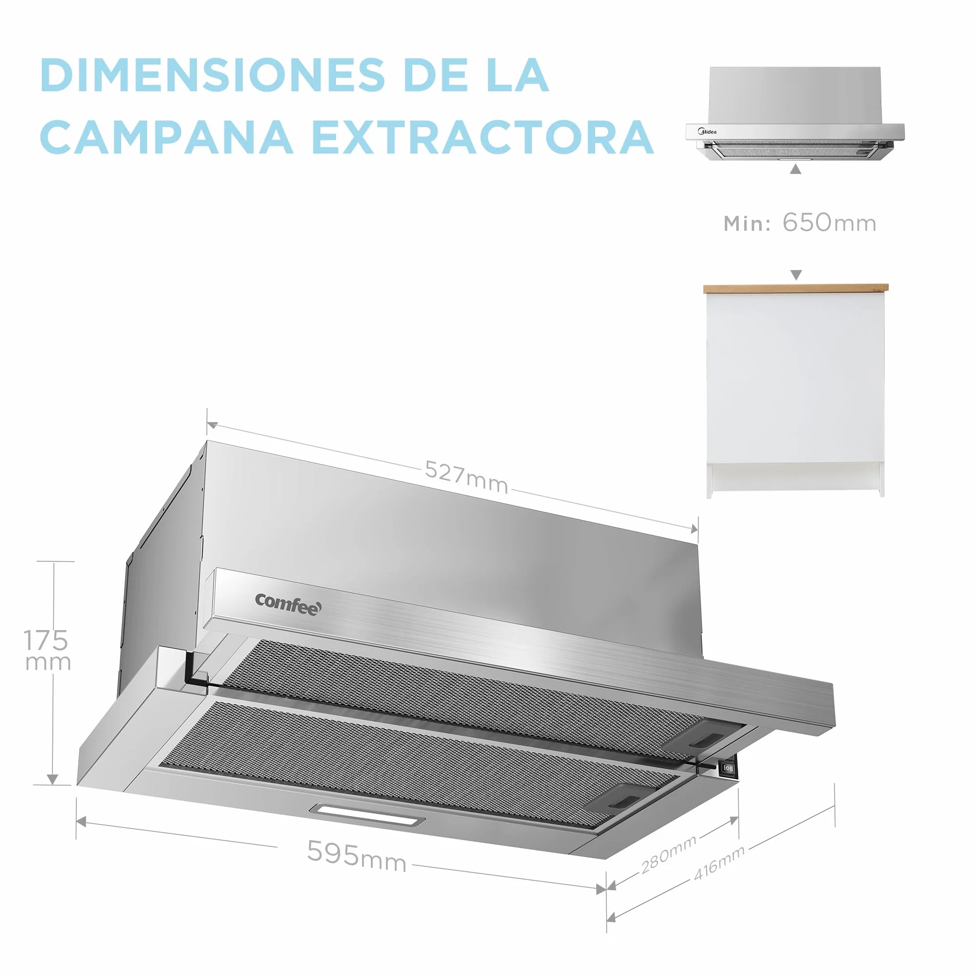 COMFEE' CHL03M21S Campana Extractora Telescópica Plana 60 cm, Clase A+, 400 m³/h, Plateado