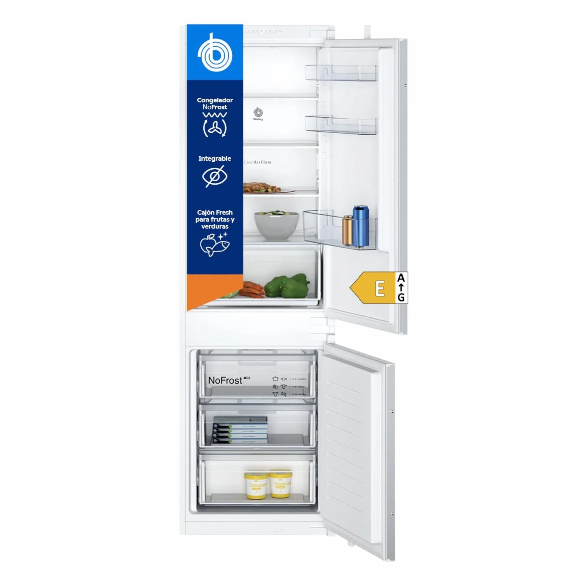 Balay - Frigorífico Combi Integrable, Puerta Deslizante, NoFrost, Cajón Fresh, 260 litros, 3KIE712F