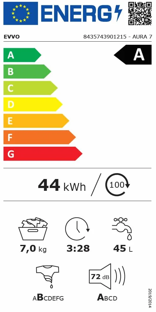 EVVO Lavadora Integrable 7kg, Vapor, Eficiciencia Clase A, Motor Inverter, Lavado Rápido 15', Bajo consumo, 1350 rpm, 15 programas, Carga frontal, Blanco, Aura (7Kg)