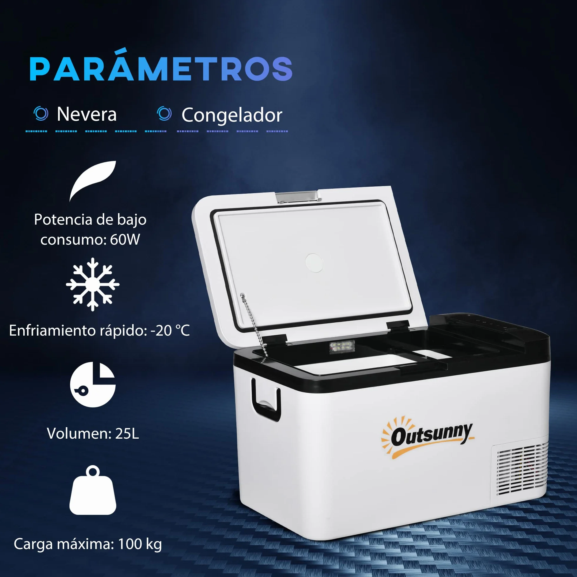 Outsunny Nevera Portátil Eléctrica 25L 12/24V hasta -20℃ Nevera y Congelador de Compresor para Coche con Luz LED y Asas Plegables Bajo Consumo Energético para Hogar Camping 58,5x33,5x35,2 cm Blanco