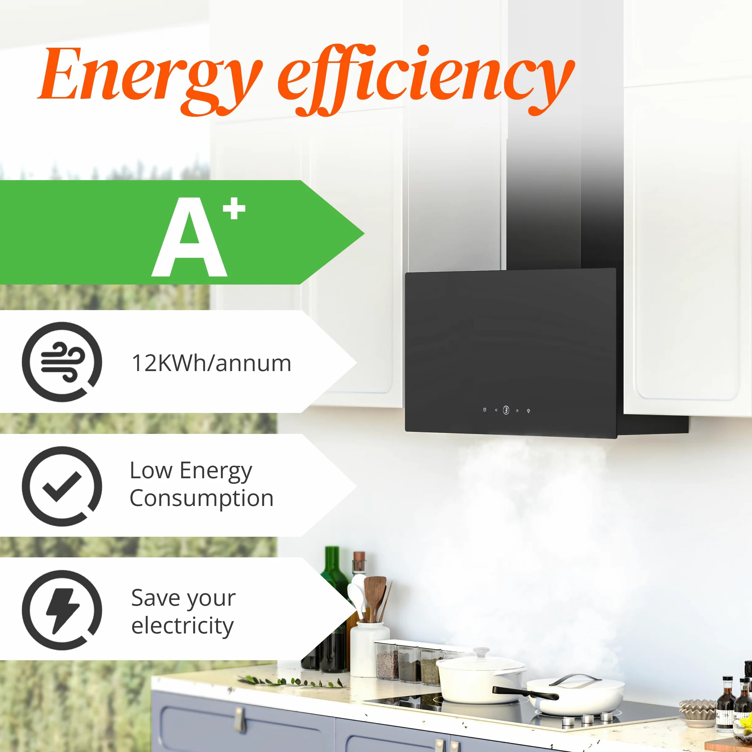 FIREGAS Campana Extractora 60 cm， Ahorro de Energía Motores sin Escobillas,Cristal Templado Negro,Succión 350m³/h,Táctil,3 Niveles de Potencia, Luz y Filtro de Carbono