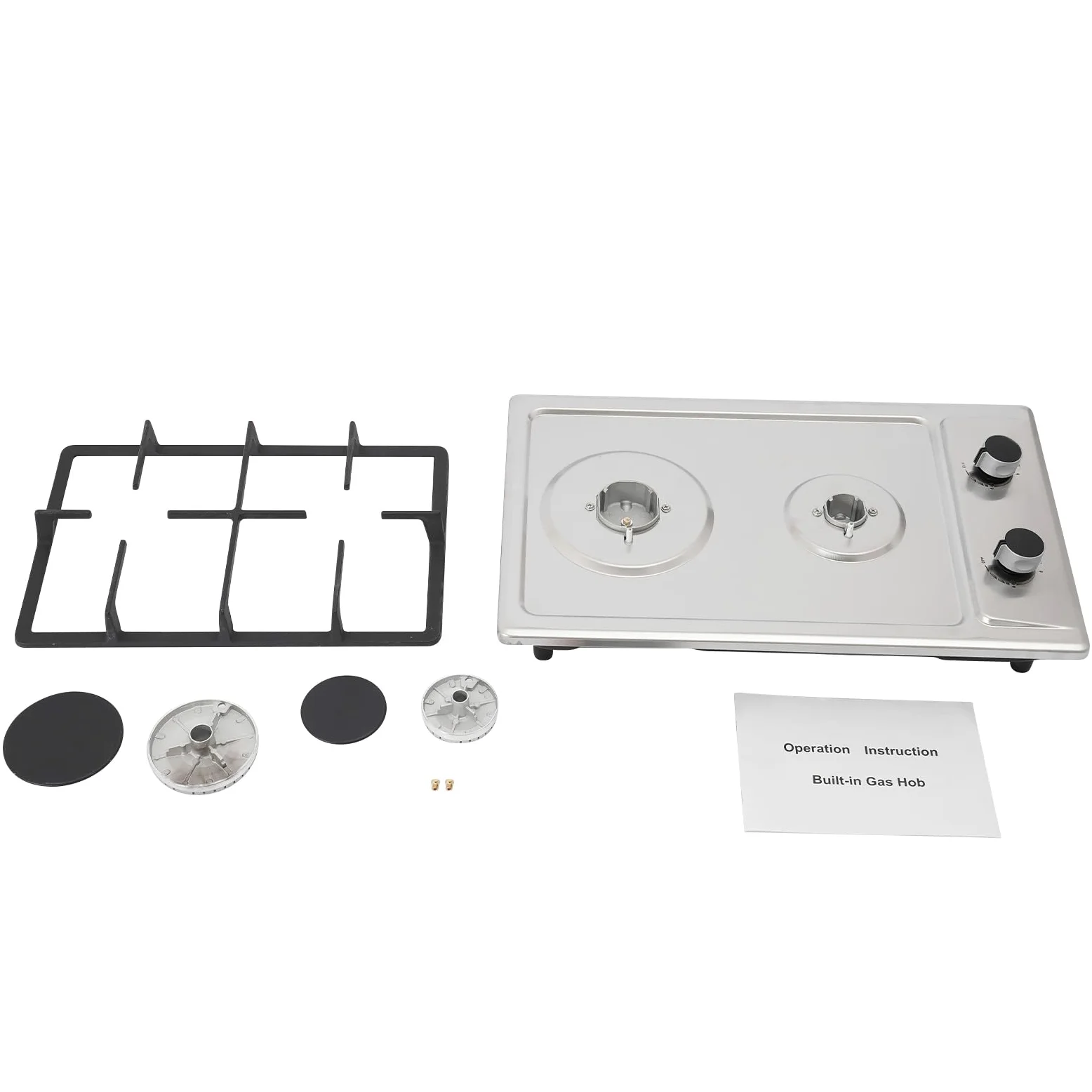 2 hornillos de gas empotrables, 3 kW + 1,75 kW, con boquilla reversible (LPG/NG), cocina de gas compacta de 51 x 31 cm, regulador independiente para camping, autocaravana y cocina (plata)