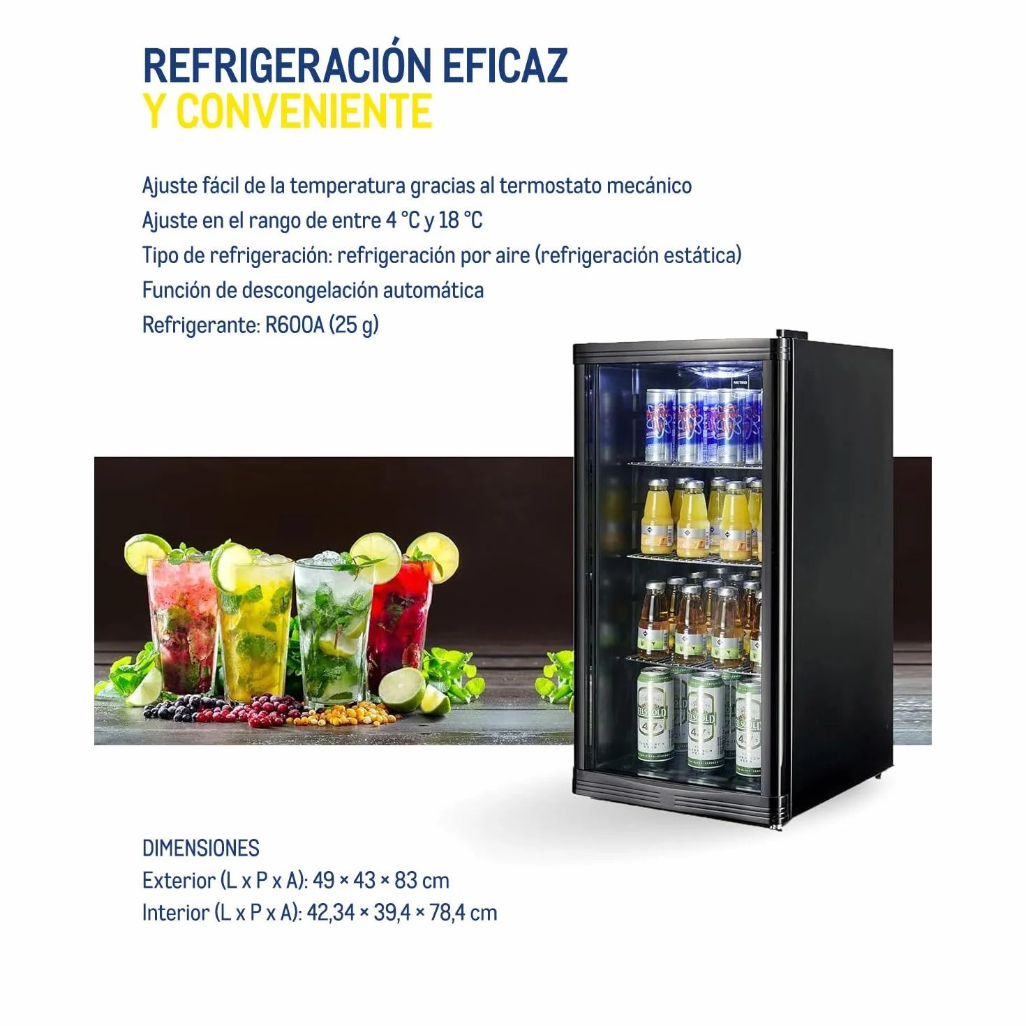 METRO Professional Mini Frigorífico GPC 1088, nevera pequeña con puerta de cristal, 88 L, negro, 1.052 kWh/24h, con estante ajustable para gastronomía, restaurant, tiendas
