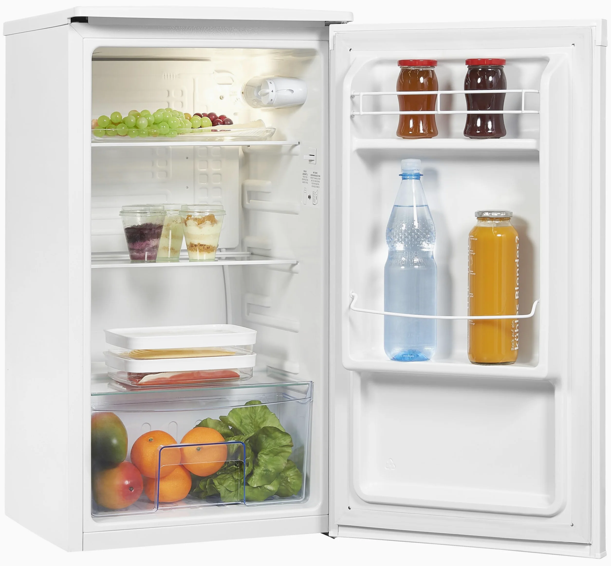 Exquisit® Frigorífico Table Top, 75L, Clase E, Color Blanco, Estantes de Cristal, Puerta Reversible, Tiradores Integrados, Cajón Verdulero, Consumo 84 kWh/año, Medidas 84,3x45x45.4 Cm.