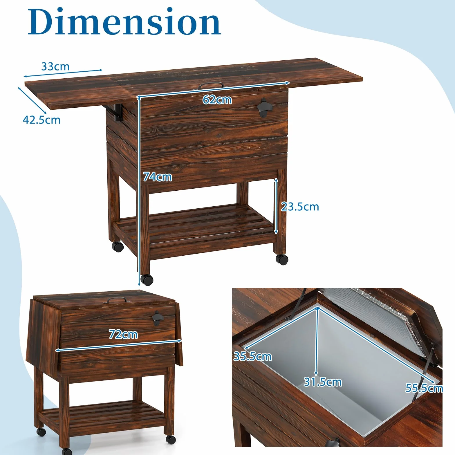 SOARS Nevera móvil para jardín, terraza, piscina, 51 l, bar, 128 x 42,5 x 74 cm, 2-4 horas, 4 ruedas universales, 2 estantes laterales plegables