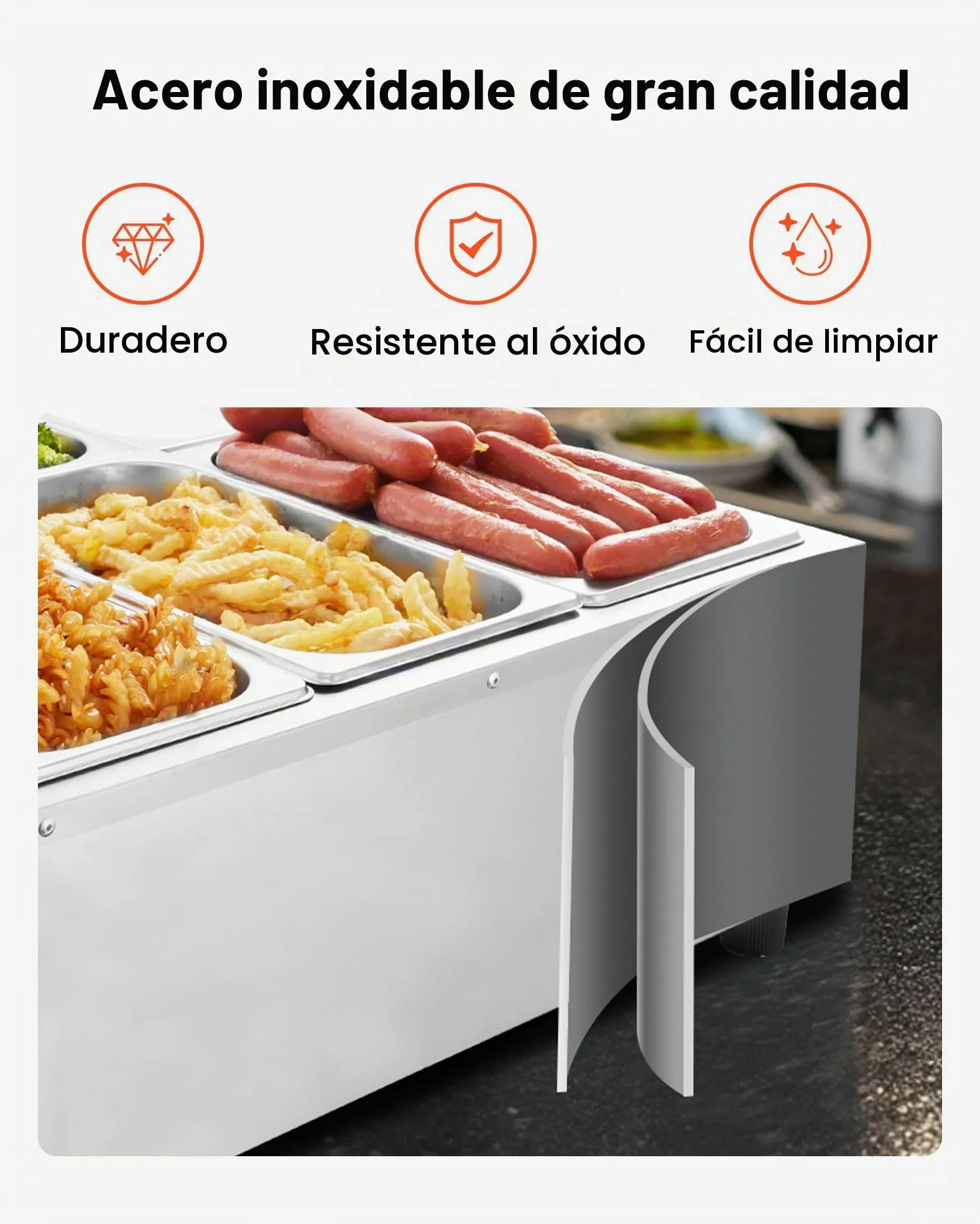 VEVOR Calentador de Alimento, con 6 Recipientes de 1/3 de Tamaño y Cable de Alimentación, de Acero Inoxidable, 1500 W, por Baño María, para Restaurantes, Fiestas y Buffets, 690 x 570 x 220 mm
