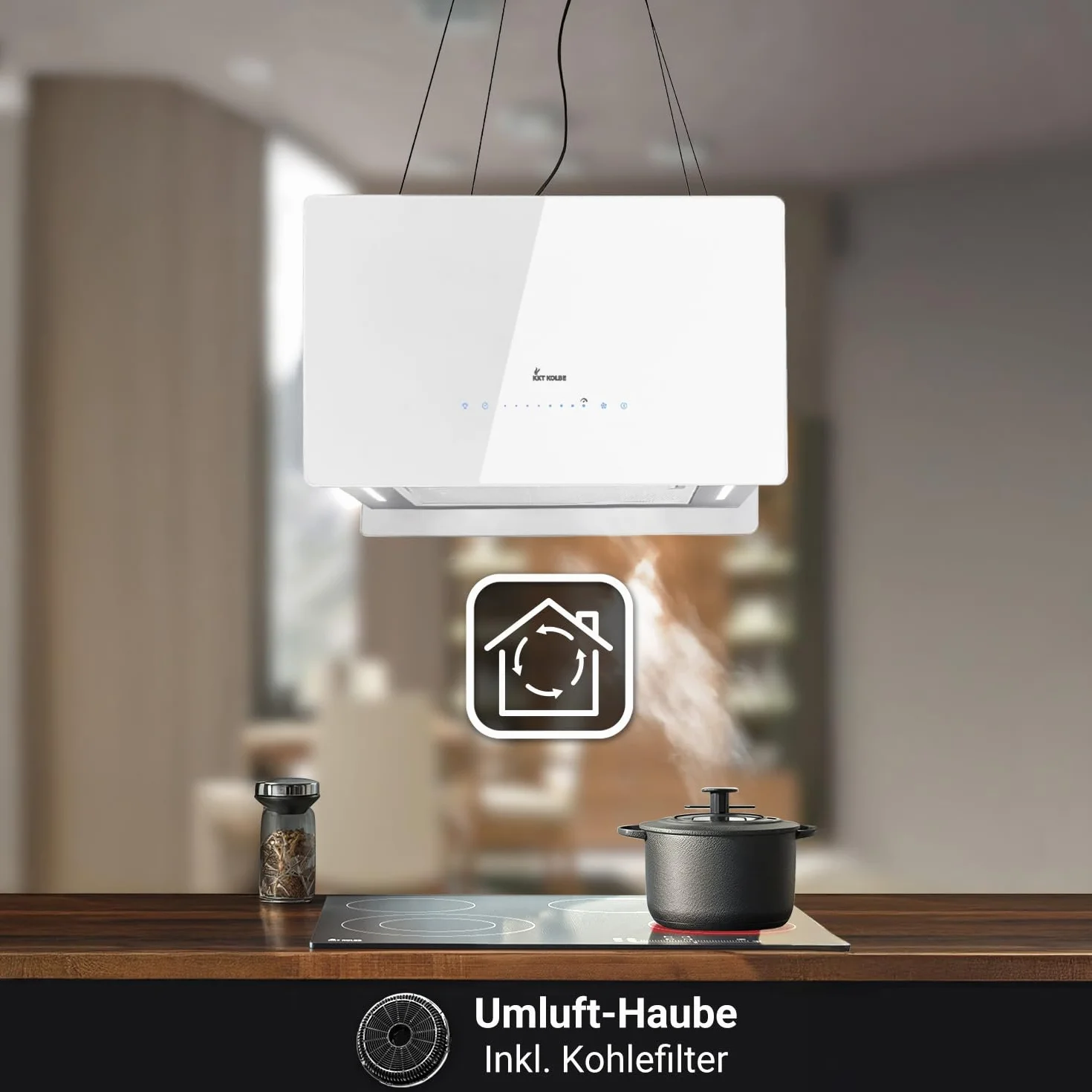 Campana Extractora 60 cm | Campana Isla | acero inoxidable | vidrio bianco | Funcionamiento táctil | CUBE60W